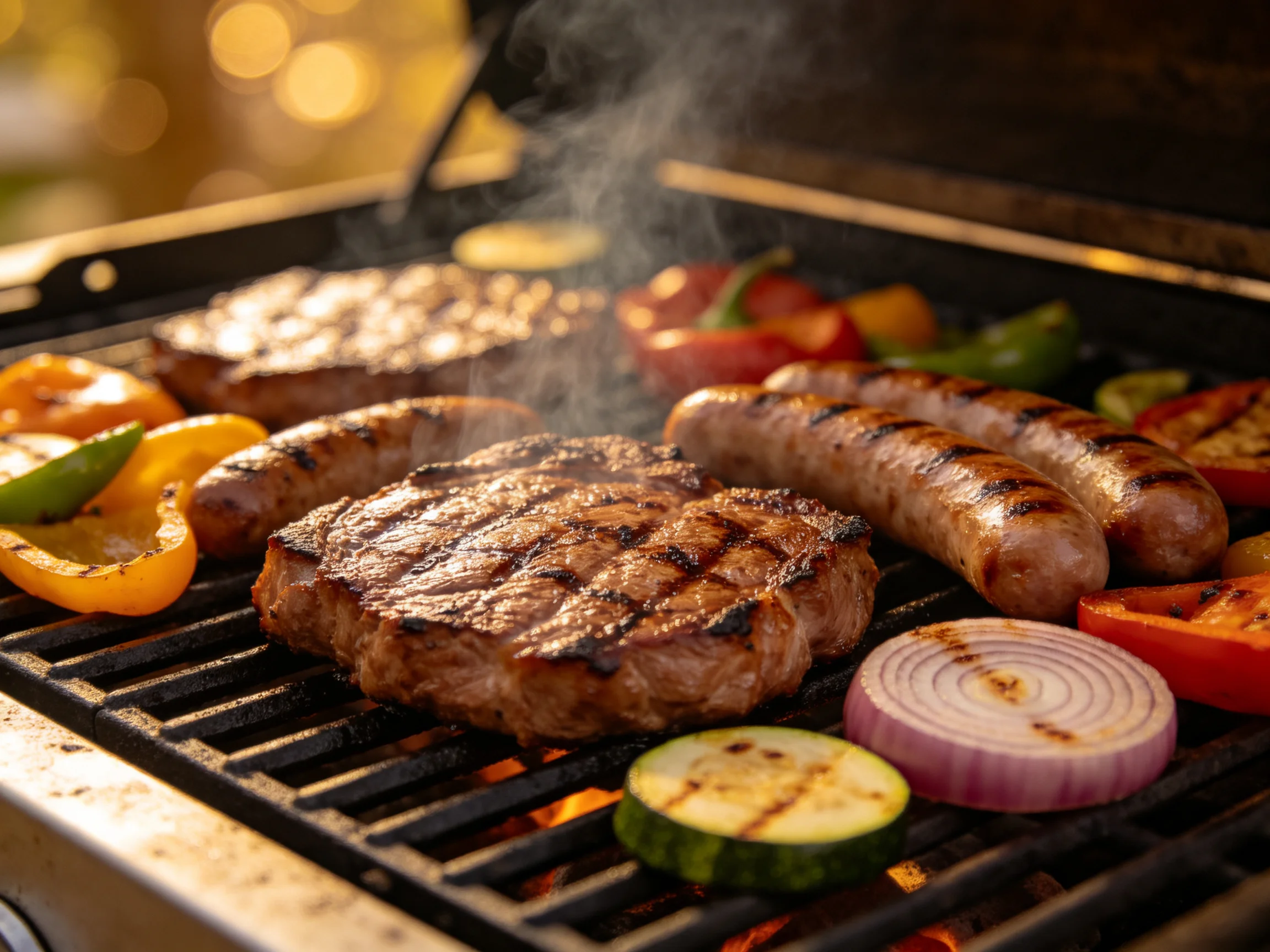 Grilled steaks, sausages, and colorful vegetables cook on an open barbecue