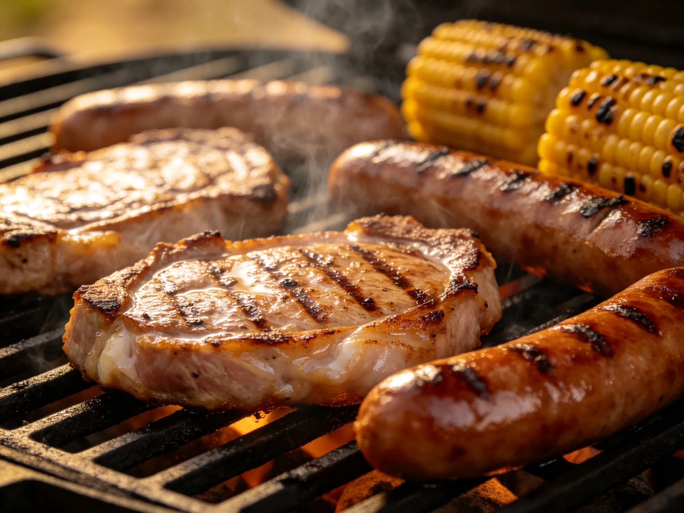 Grilled steaks, sausages, and corn cook over a flaming barbecue