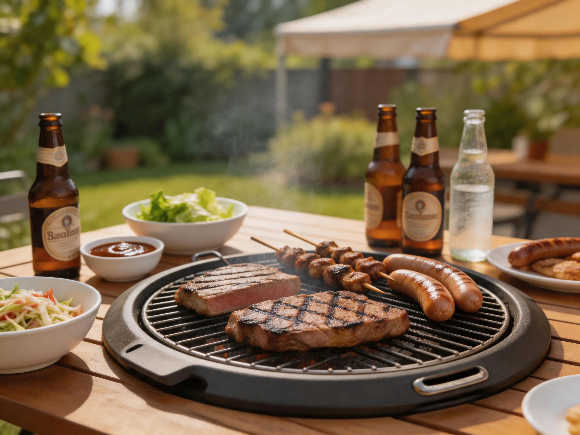 Grilled steaks, sausages, and skewers on a wooden patio table with beer bottles