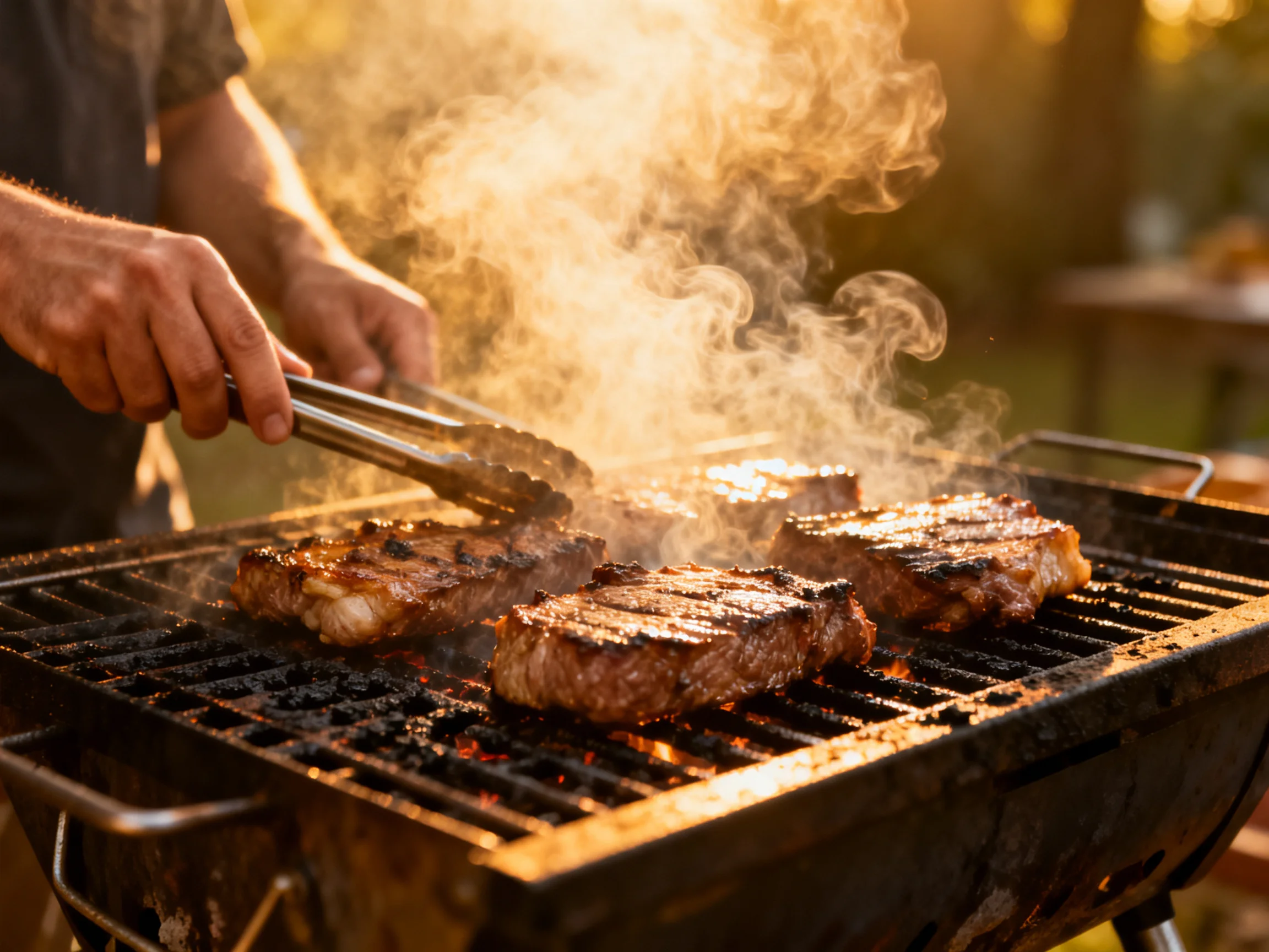 Steaks are grilled on an outdoor barbecue with rising smoke.