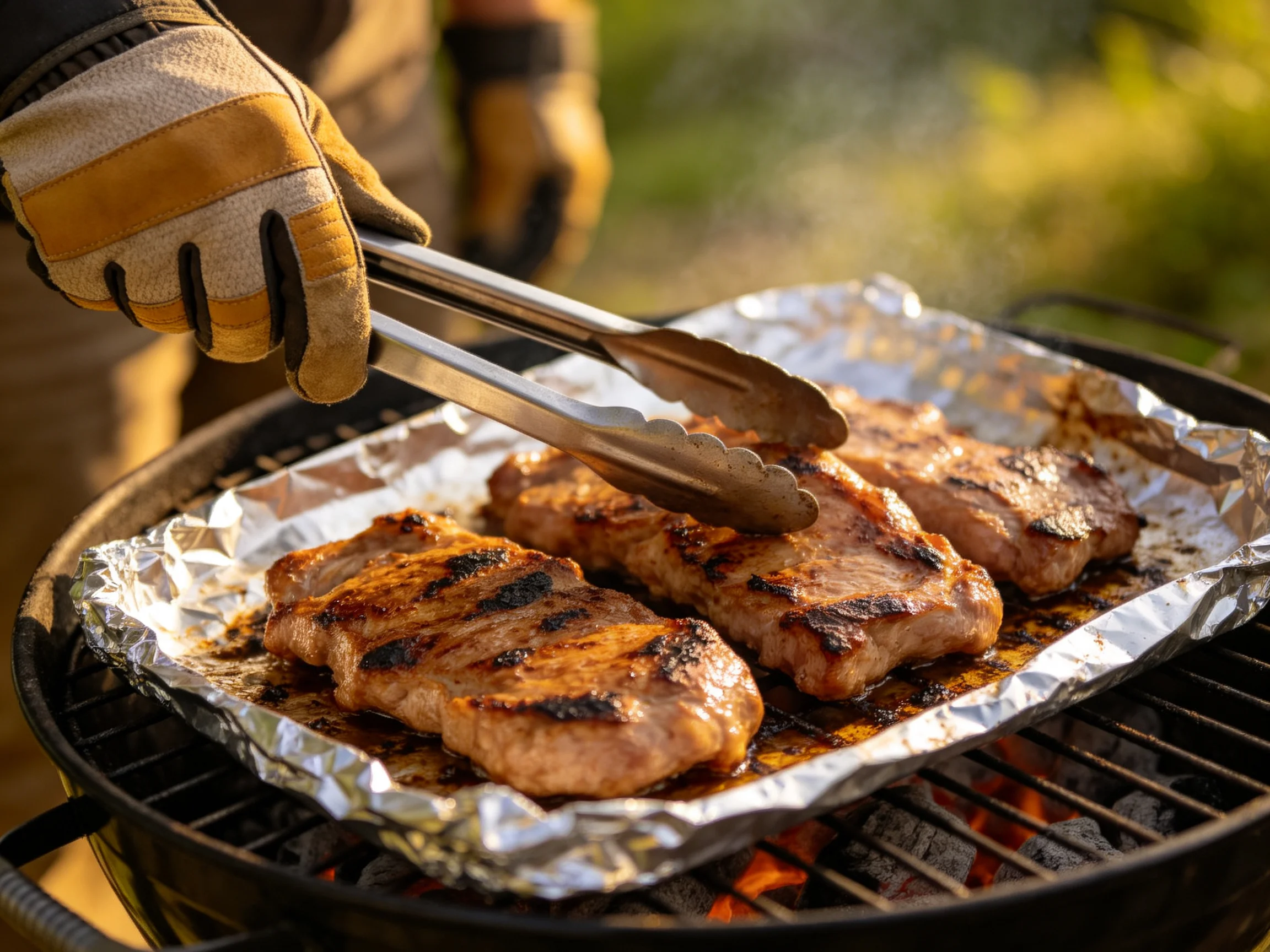 Grilled steaks sizzle on aluminum foil over an open charcoal grill