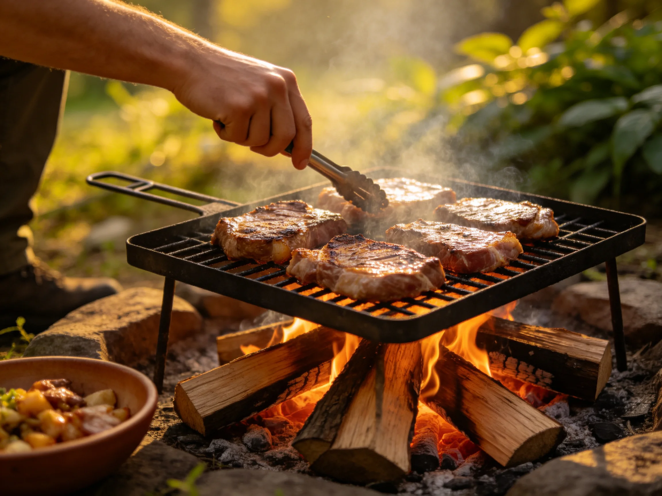 Grilled steaks sizzle over an open campfire outdoors