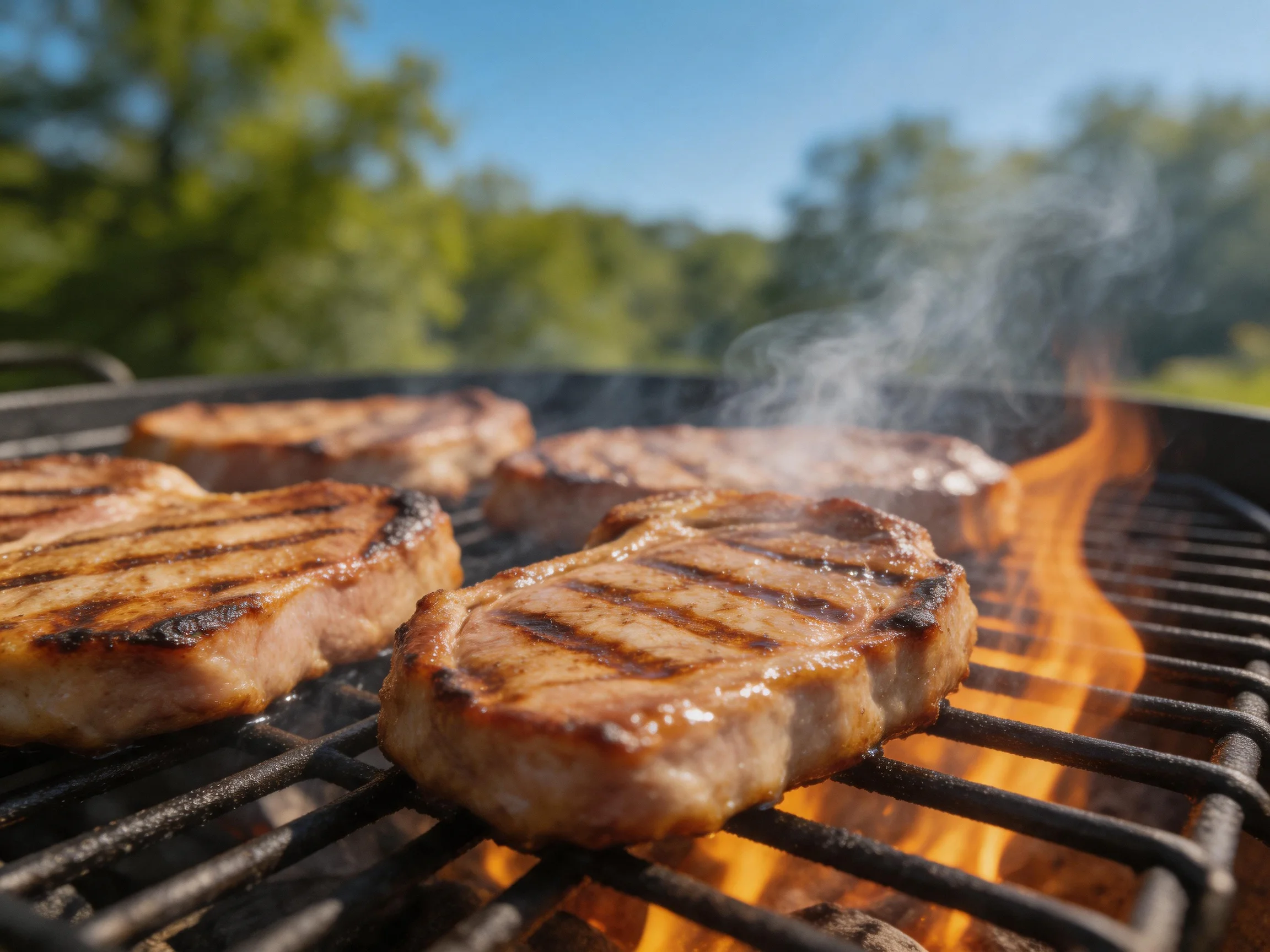 Grilled steaks sizzling over bright flames on an outdoor barbecue