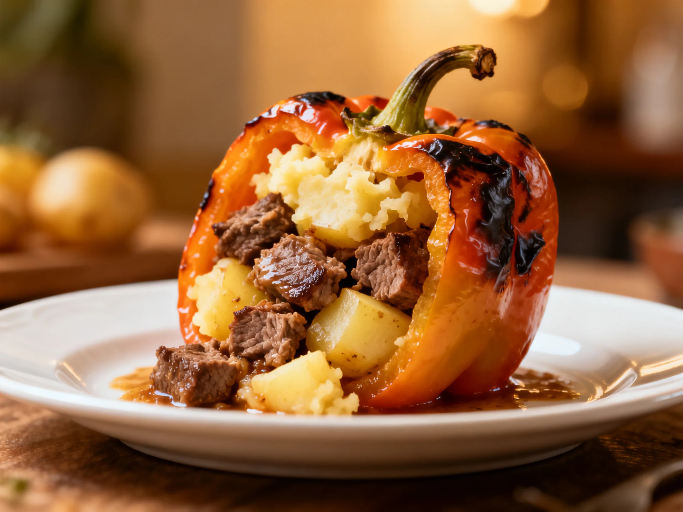 Grilled stuffed bell pepper with beef and potato filling