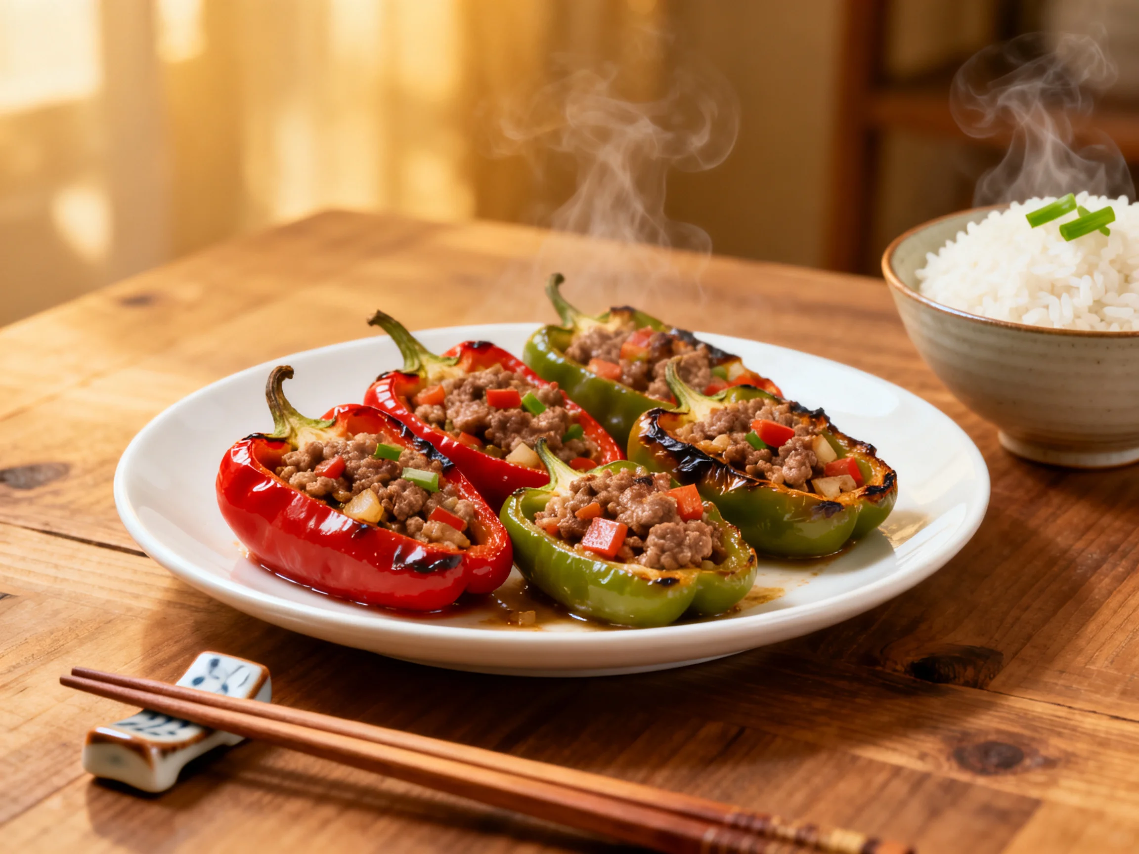 Grilled stuffed bell peppers with steaming rice on a wooden table