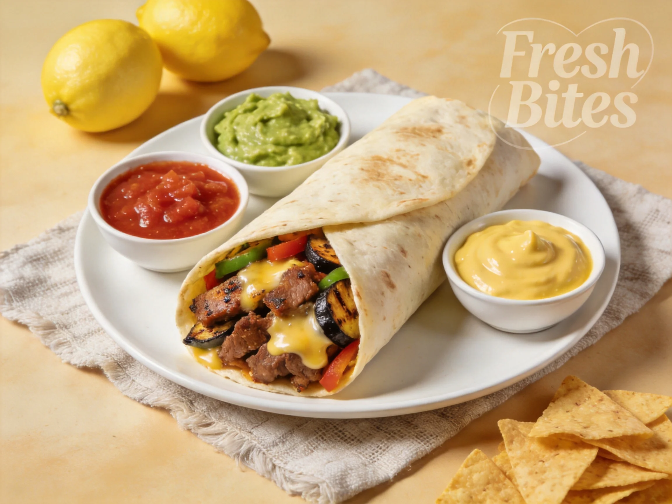 Grilled veggie burrito with three sauces, tortilla chips, and fresh lemons