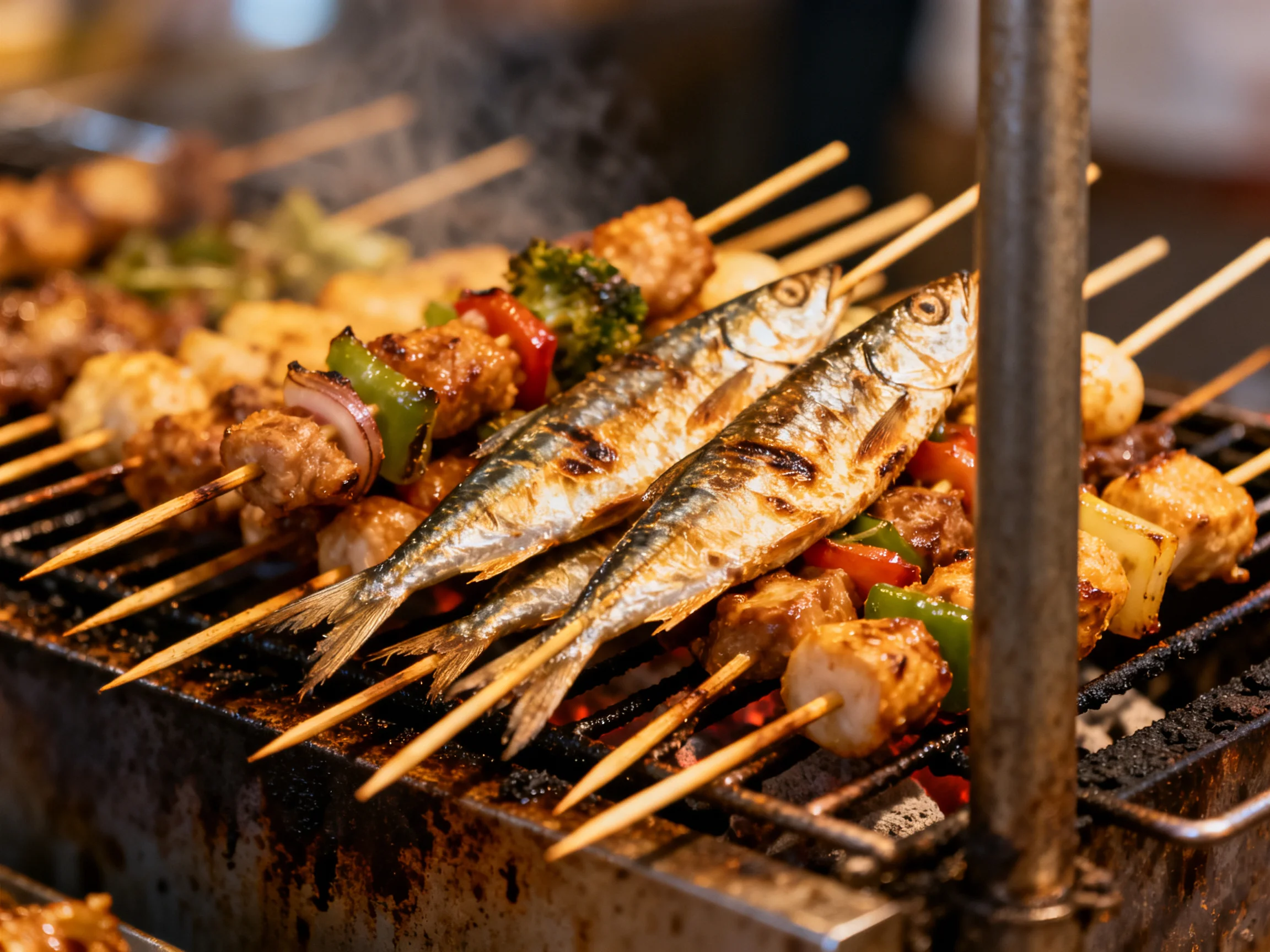 Grilled whole fish and mixed skewers cook over an open flame