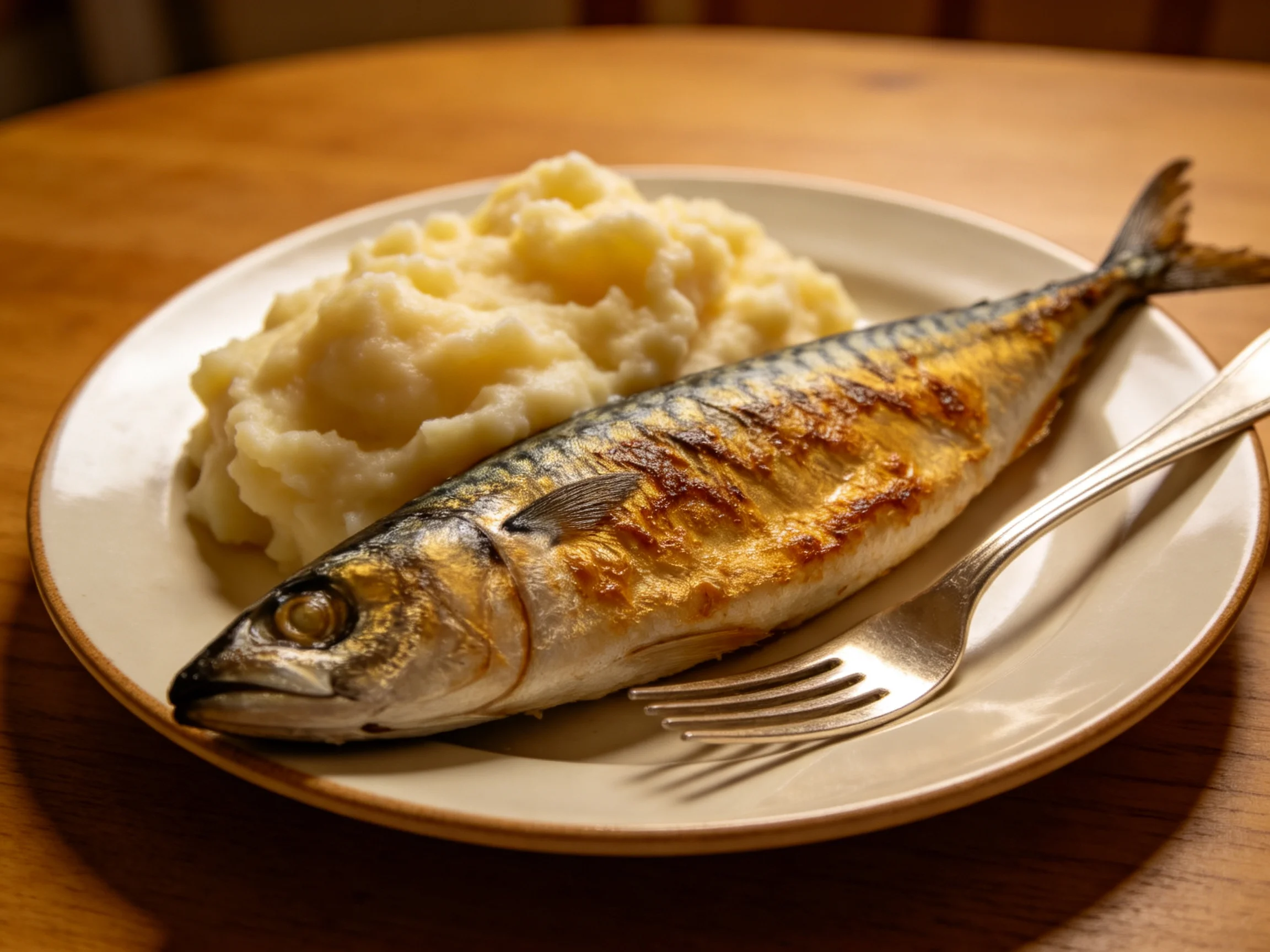 Grilled whole fish served with creamy mashed potatoes on a white plate