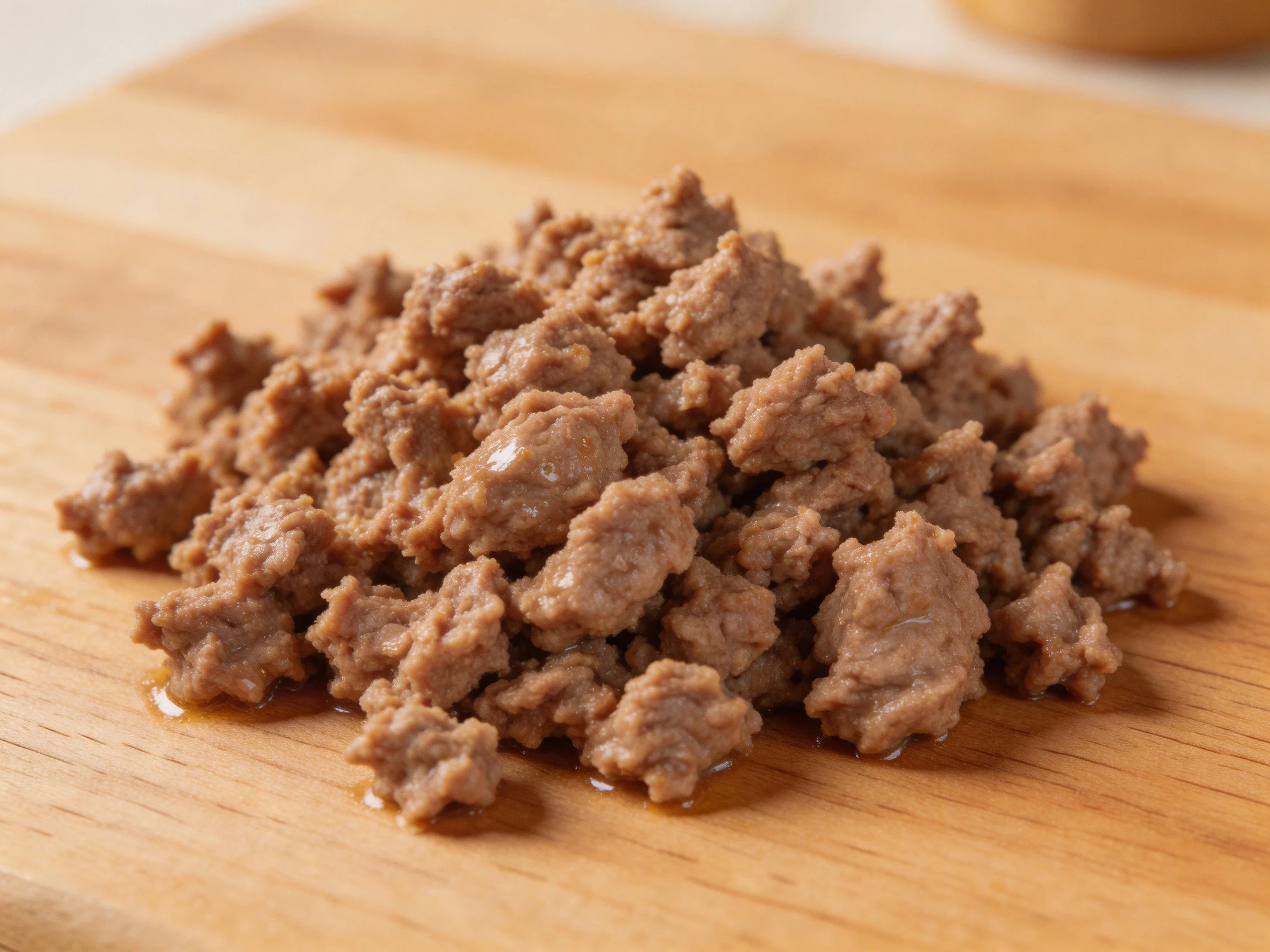 Ground beef pile on a light brown wooden cutting board