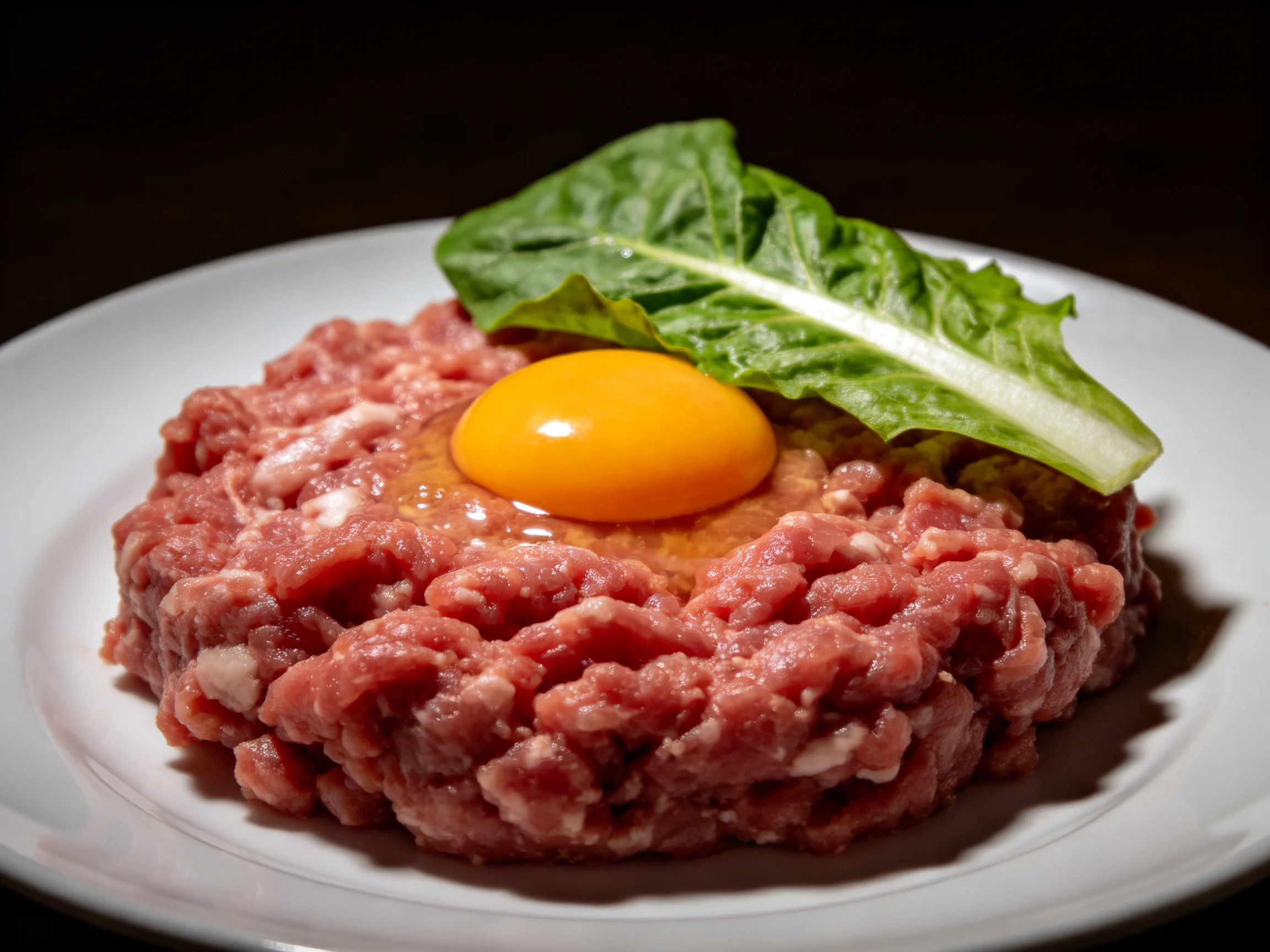Ground beef tartare with egg yolk and fresh green leaf
