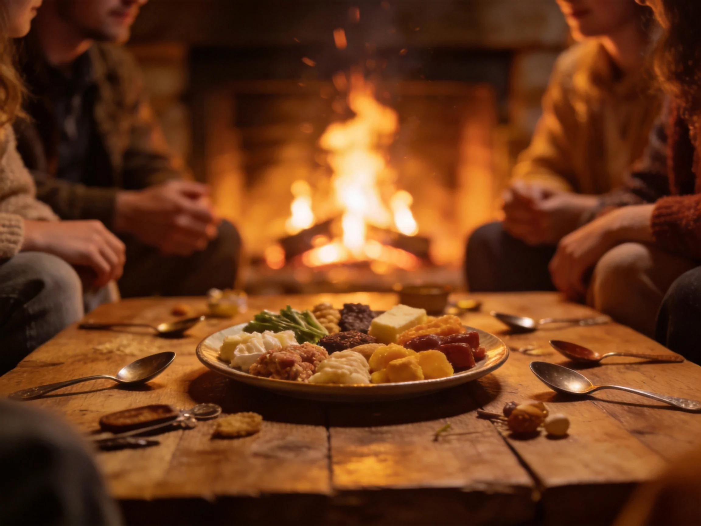 Group gathers around wooden table with snacks near a blazing fireplace