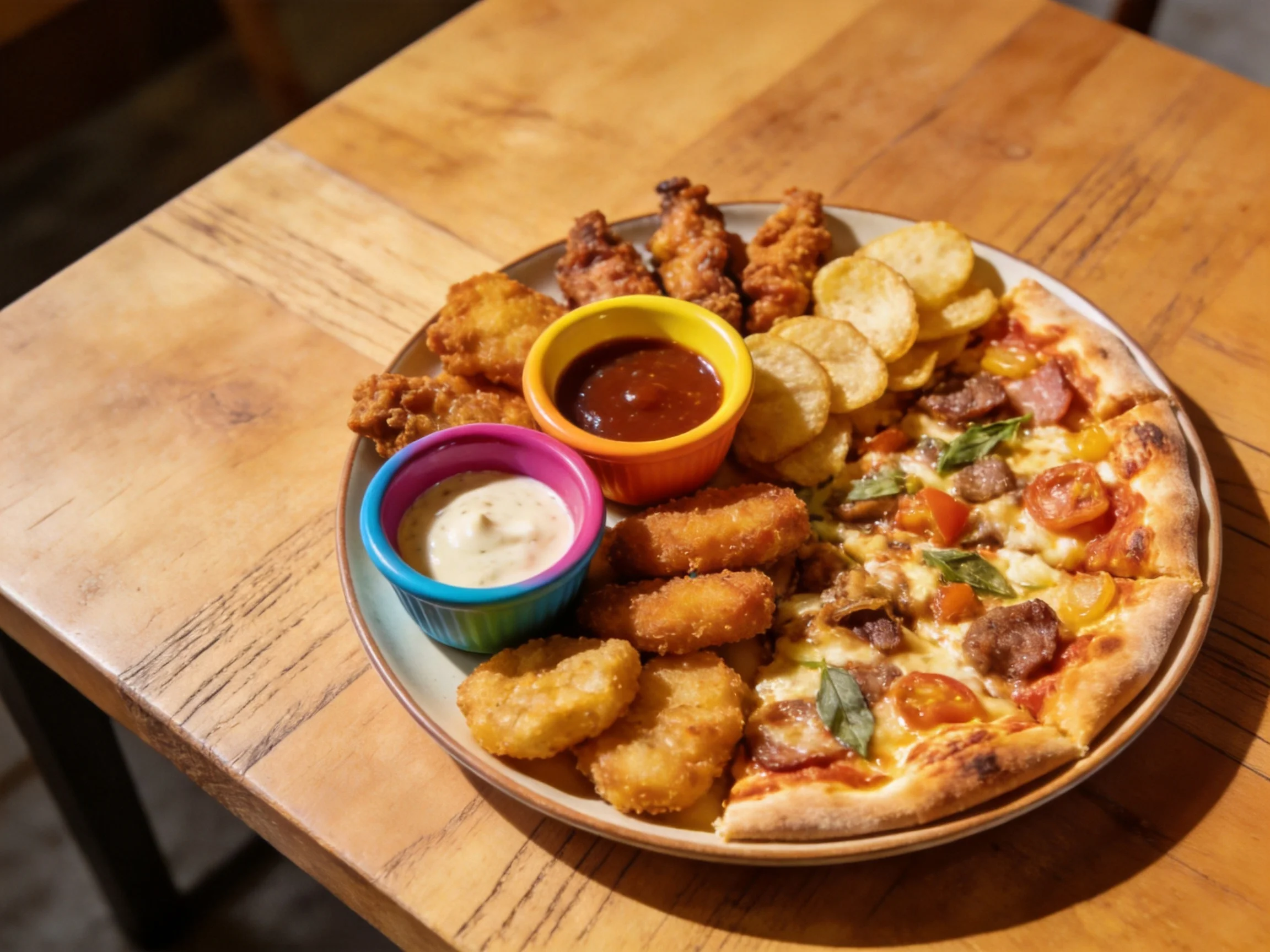 Half pizza, fried snacks, colorful dips, and chips on a wooden table