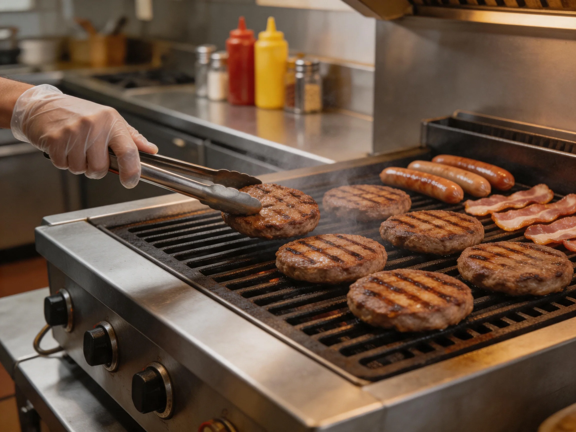 Hamburgers, sausages, and bacon grilled on a stainless steel commercial grill
