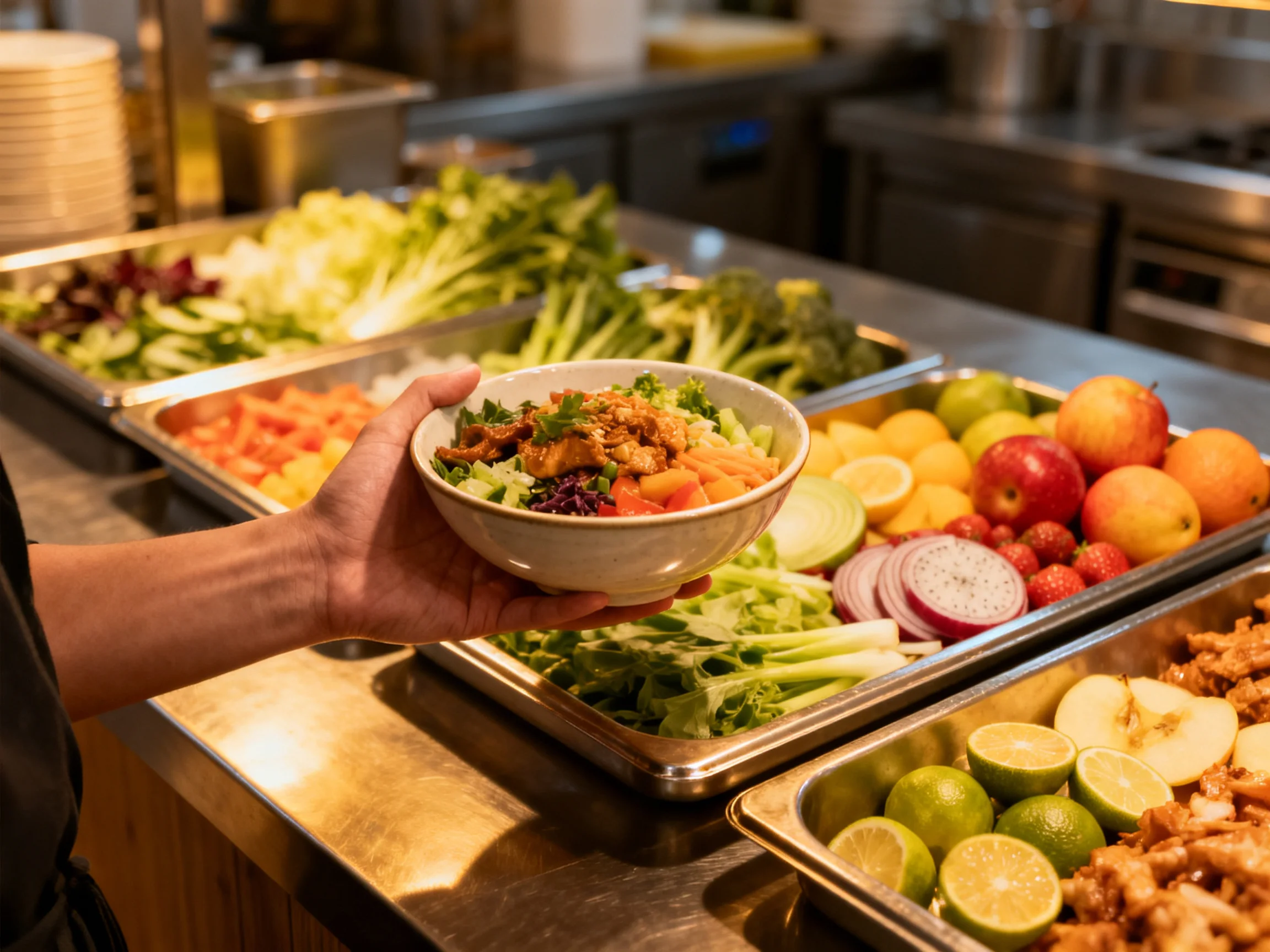 Hand holds colorful salad bowl near fresh produce trays
