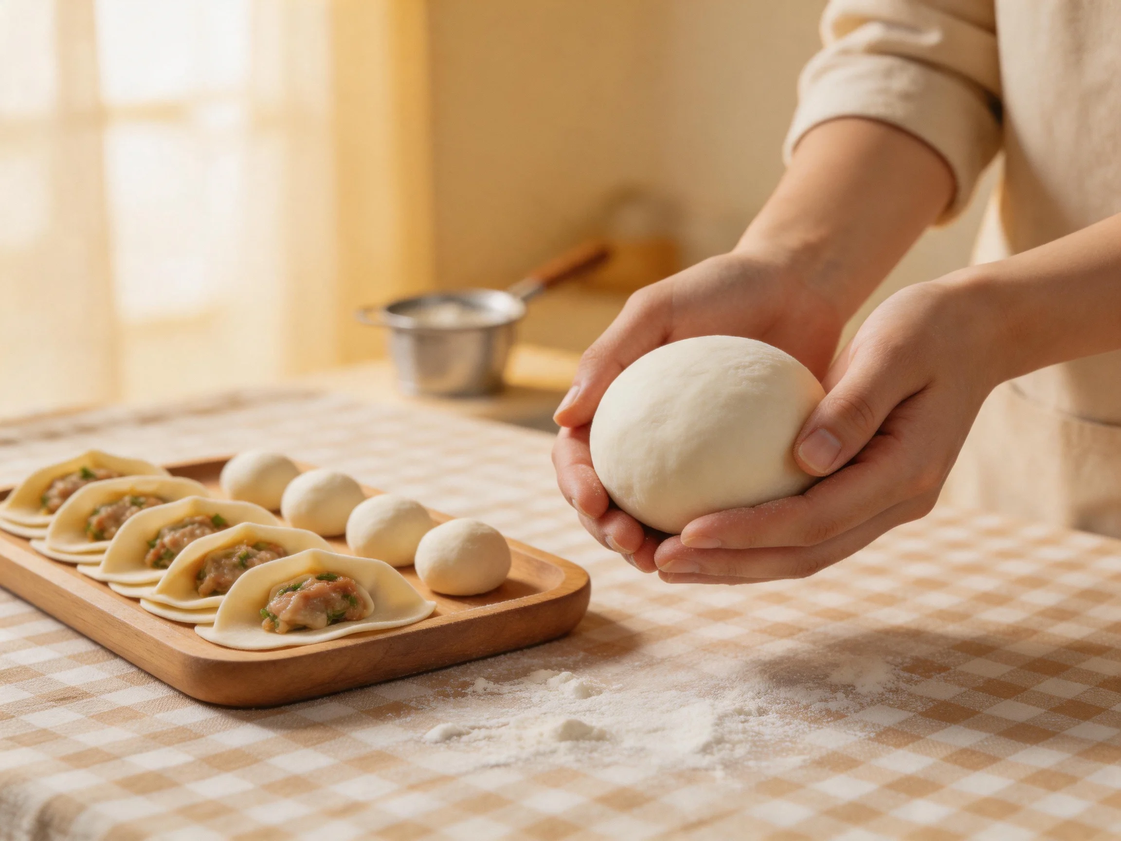 Hands shaping dough near filled dumpling wrappers on a wooden tray