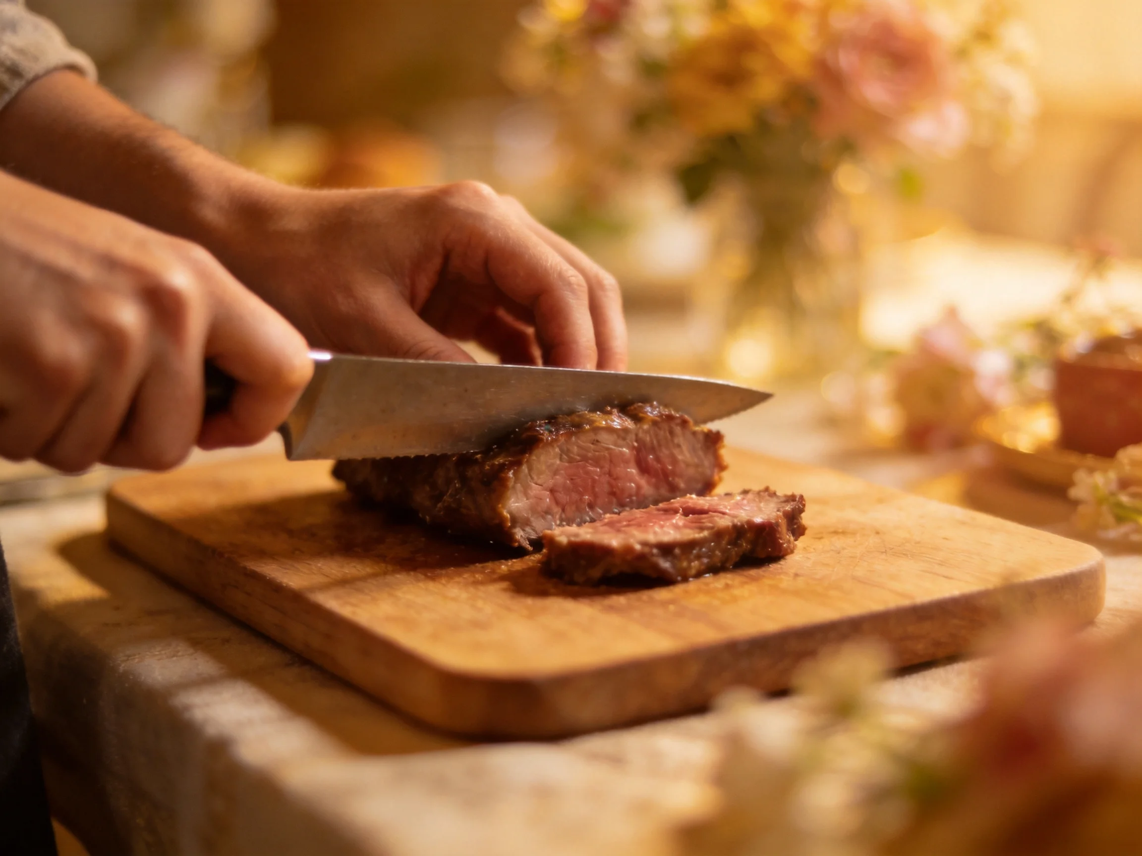 Hands slicing a juicy brown roast on a wooden cutting board near floral arrangements