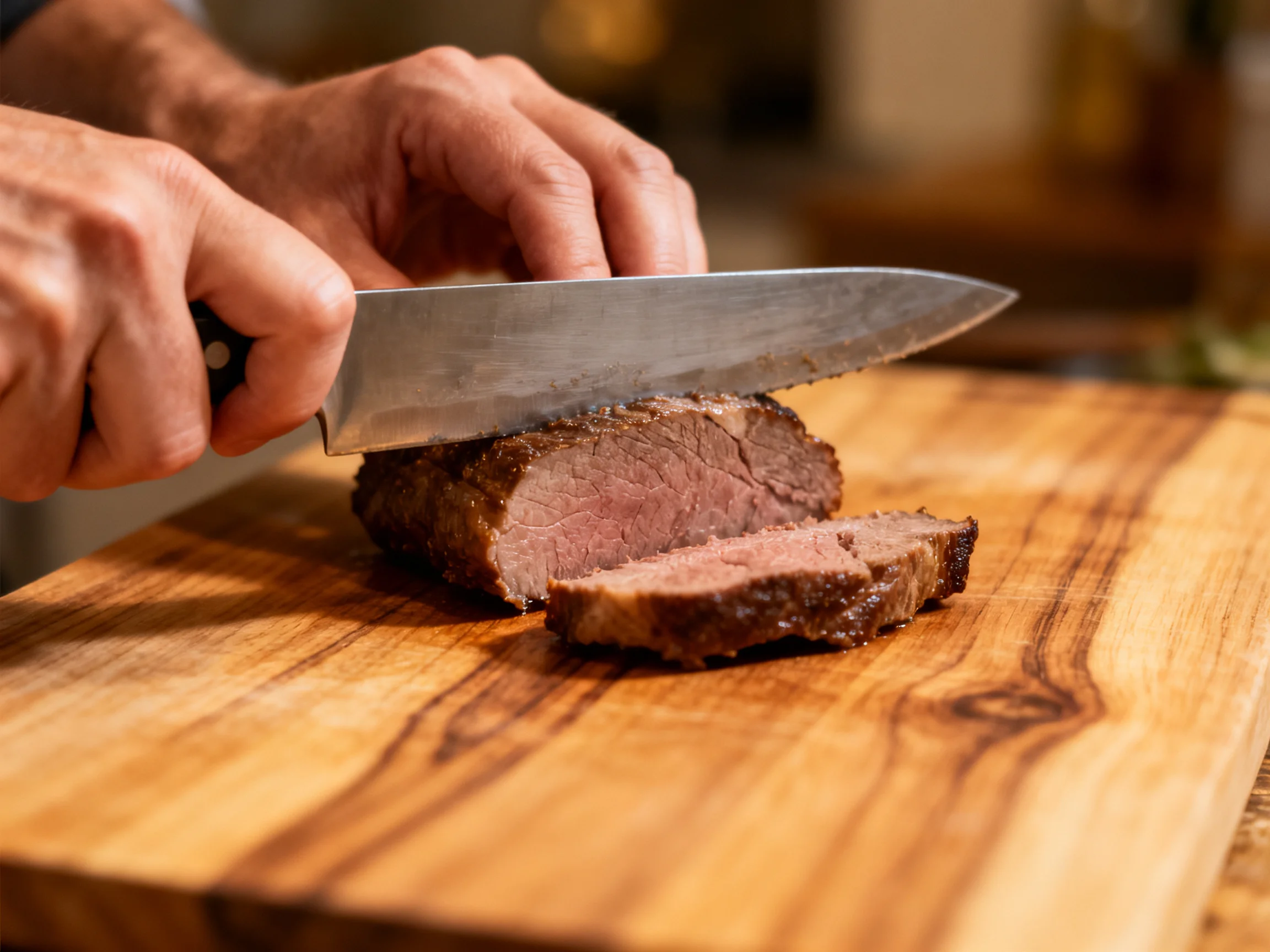 Hands slicing juicy medium-rare roast beef on a polished wooden cutting board