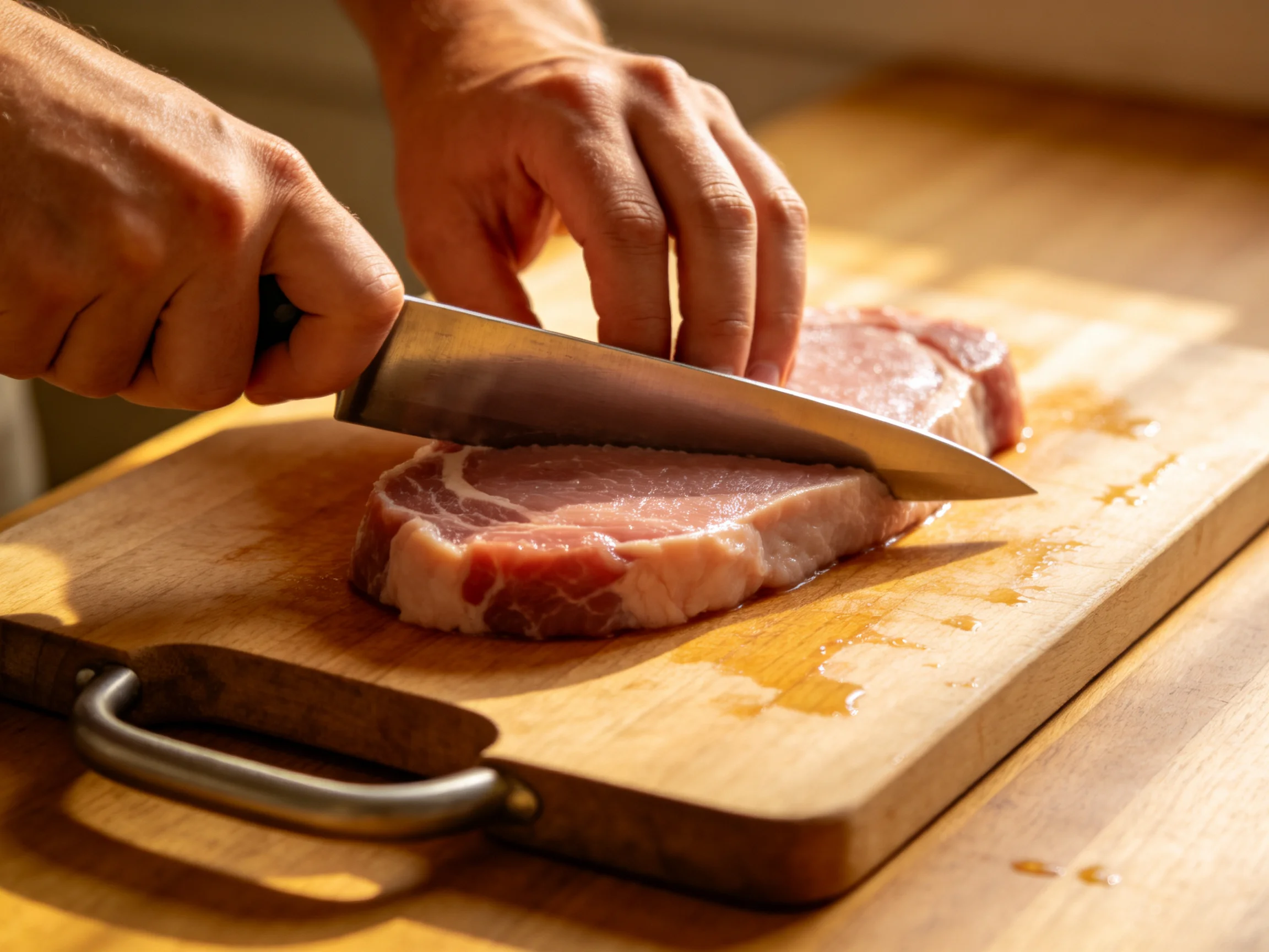 Hands slicing raw pork on a wooden cutting board under warm lighting