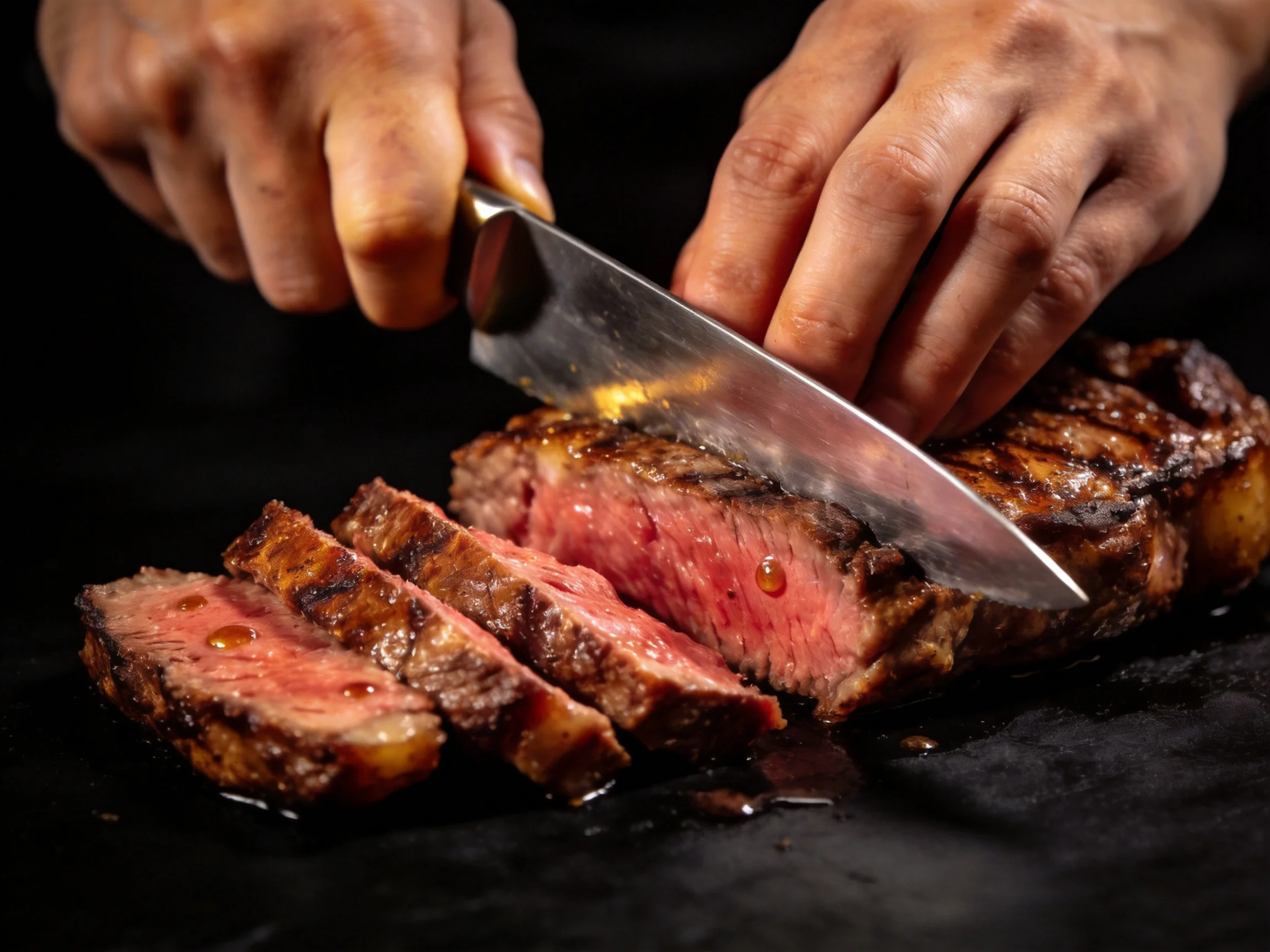 Hands slicing thick cuts from a juicy medium-rare grilled steak