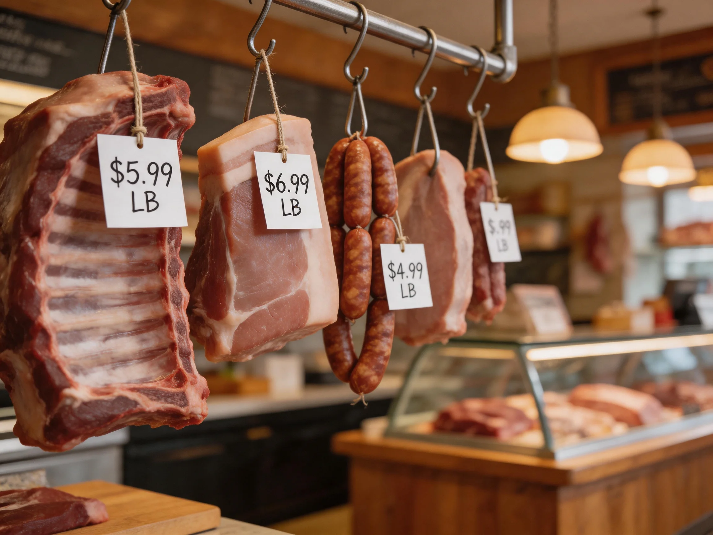 Hanging cuts of meat with price tags in a rustic butcher shop