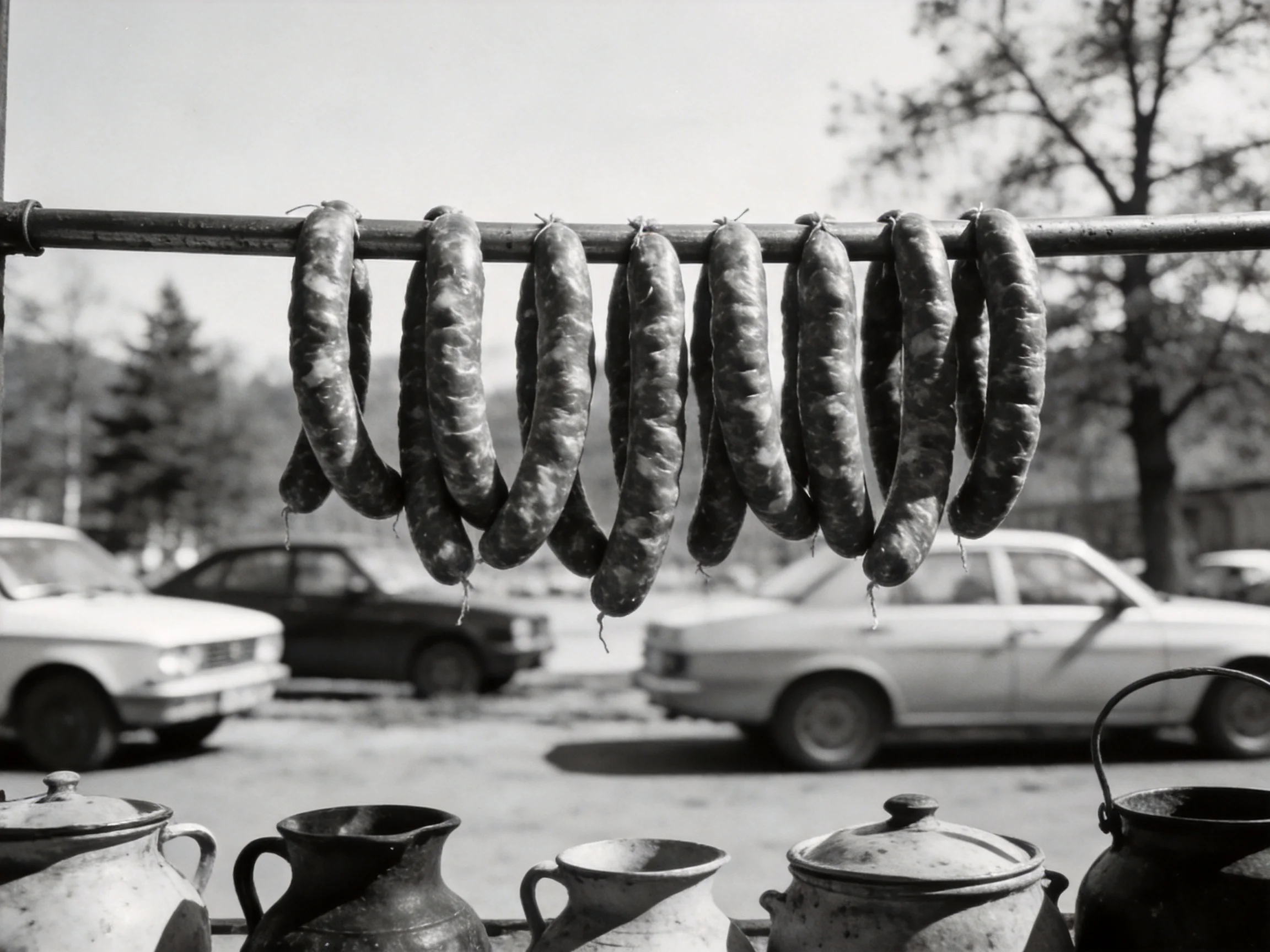 Hanging sausages near vintage cars and pottery in a black-and-white setting
