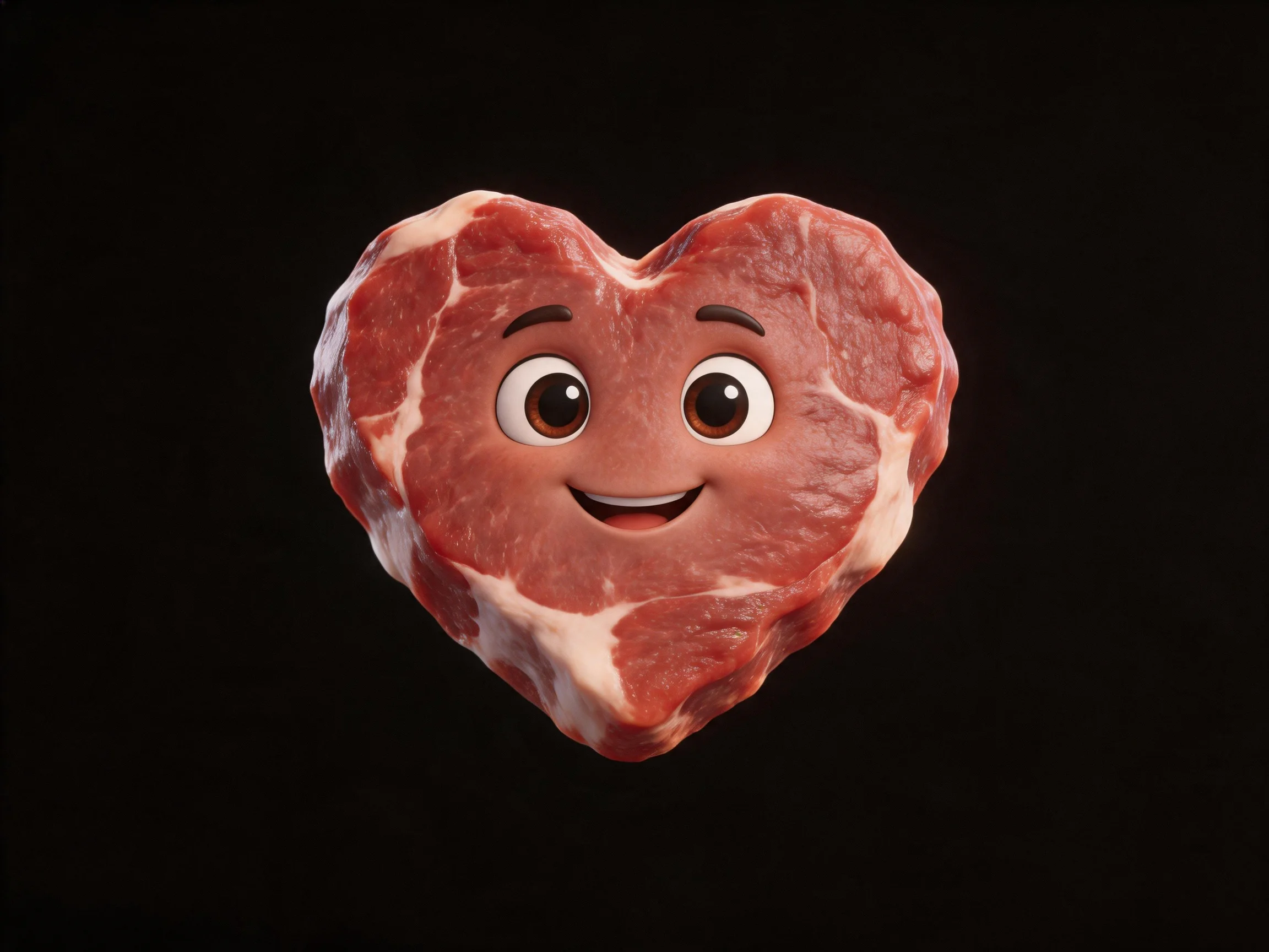 Heart - shaped raw meat cut with cartoon face on black background
