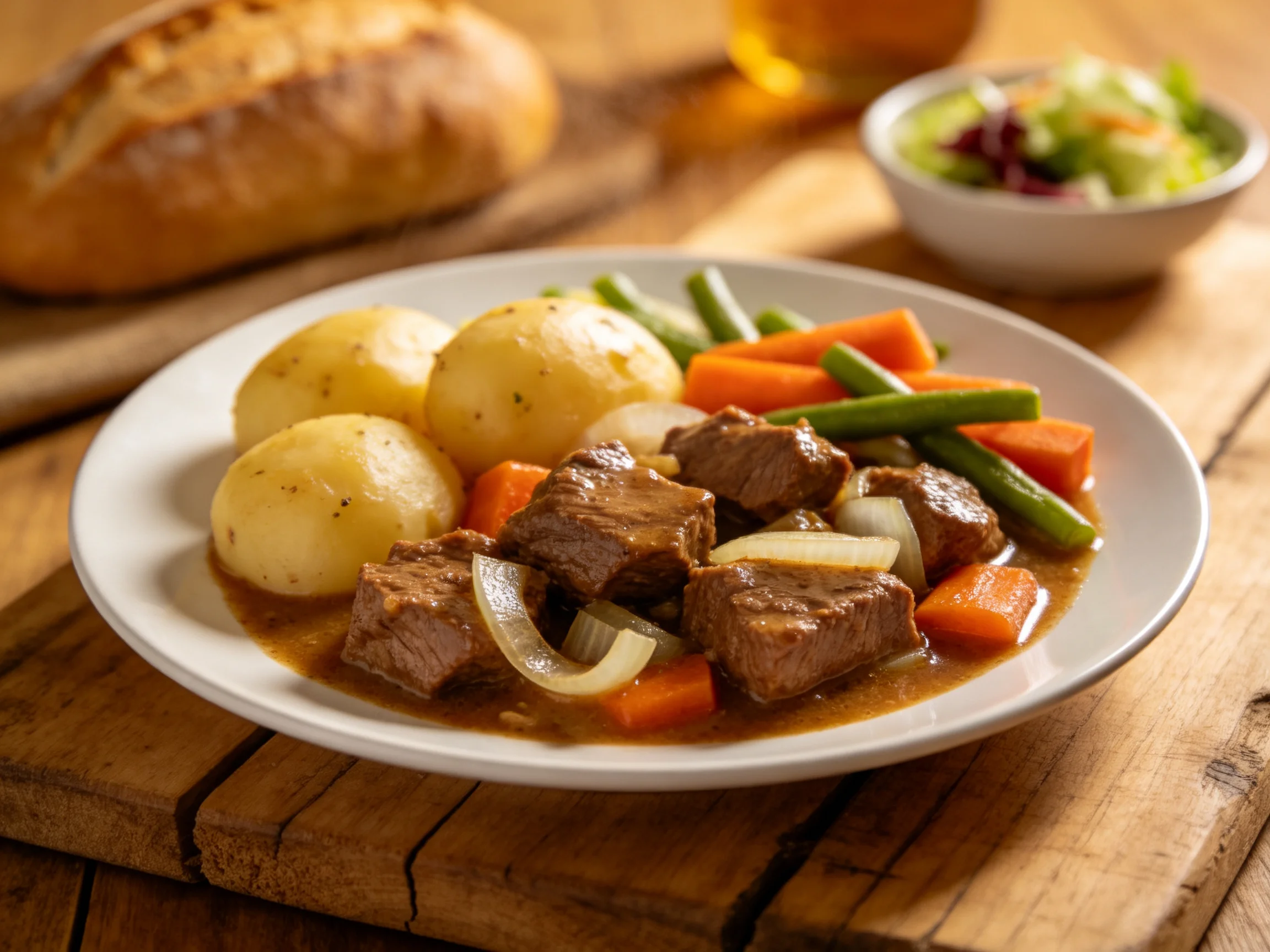 Hearty Beef Stew with Boiled Potatoes and Mixed Vegetables