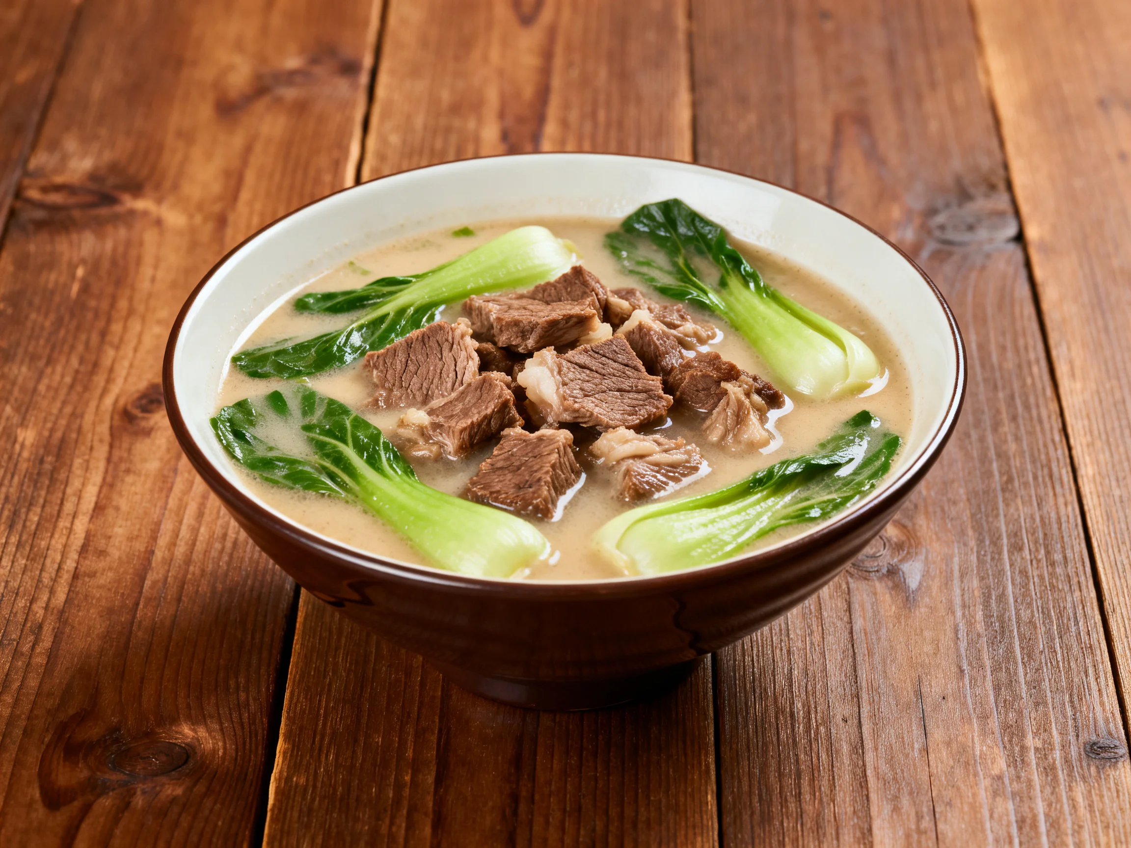 A ceramic bowl of beef stew with bok choy sits on a wooden table.