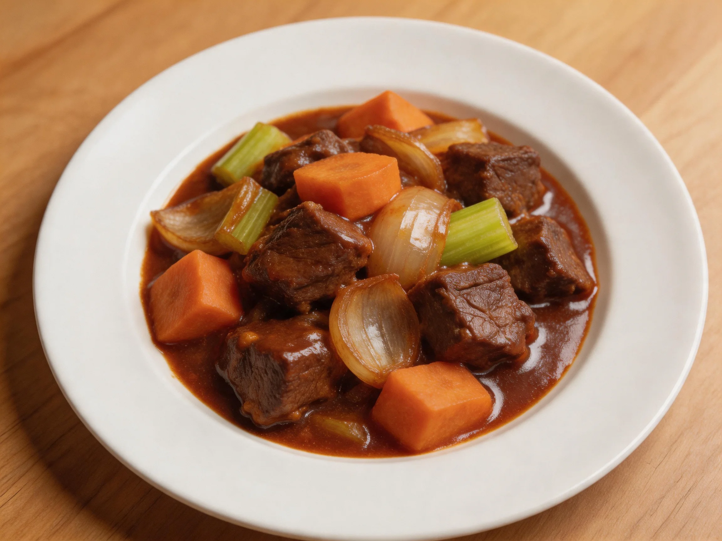 Hearty Beef Stew with Carrots, Onions, and Celery in Rich Brown Sauce