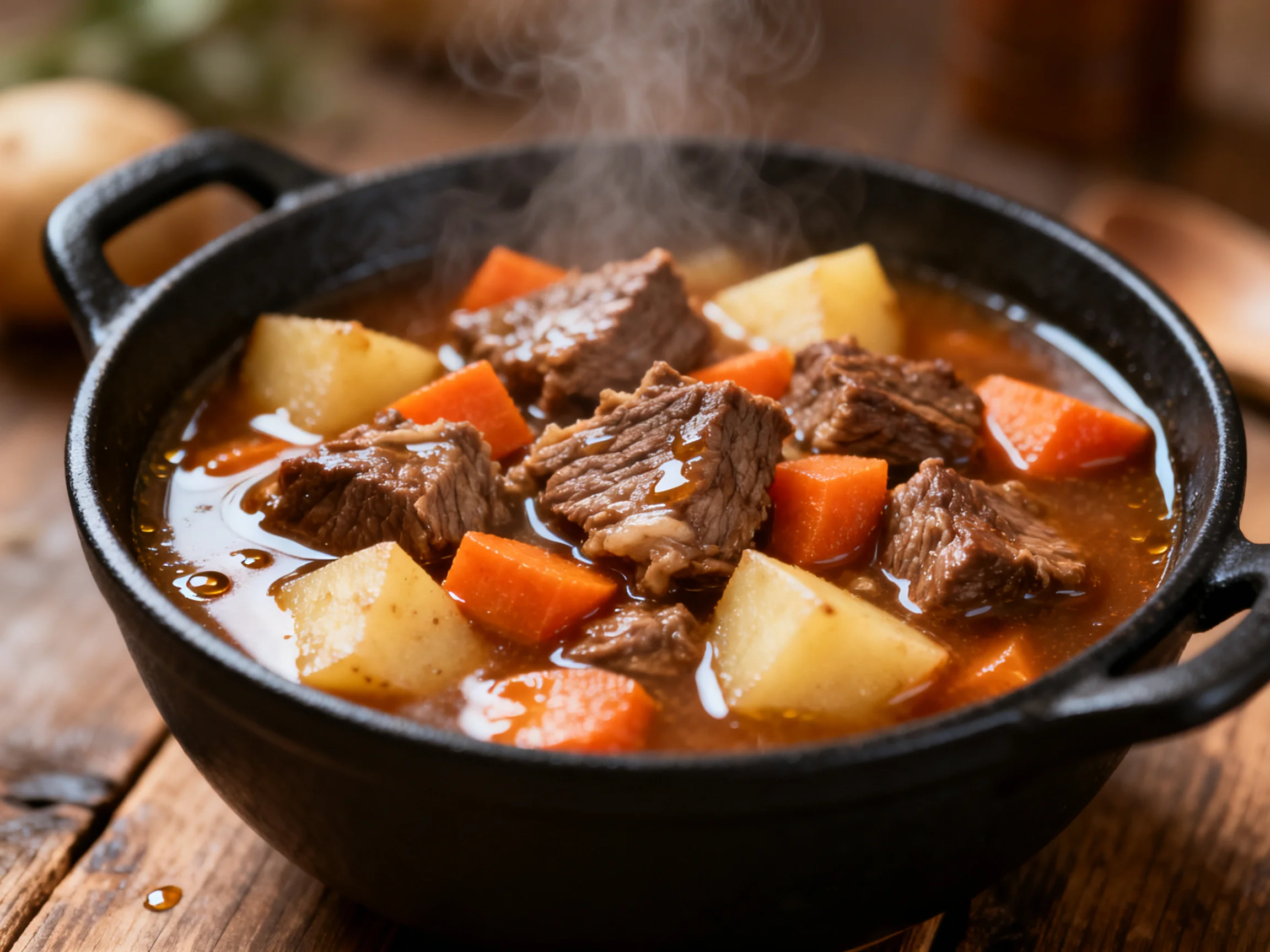 Hearty Beef Stew with Carrots and Potatoes in Black Cast Iron Pot