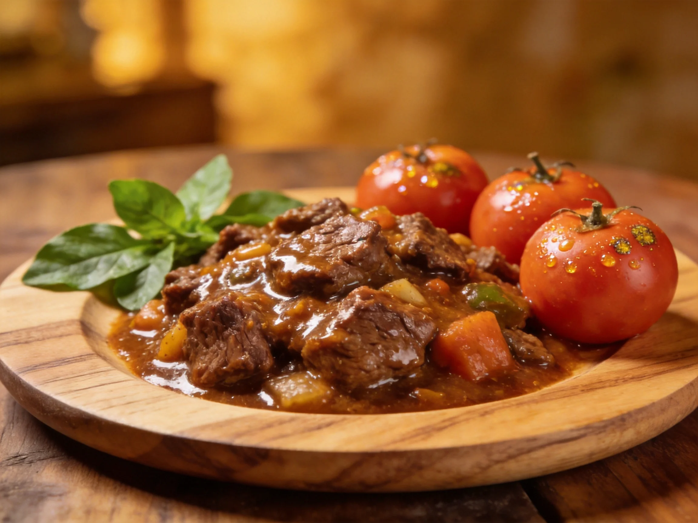Hearty Beef Stew with Fresh Tomatoes and Basil on a Wooden Plate