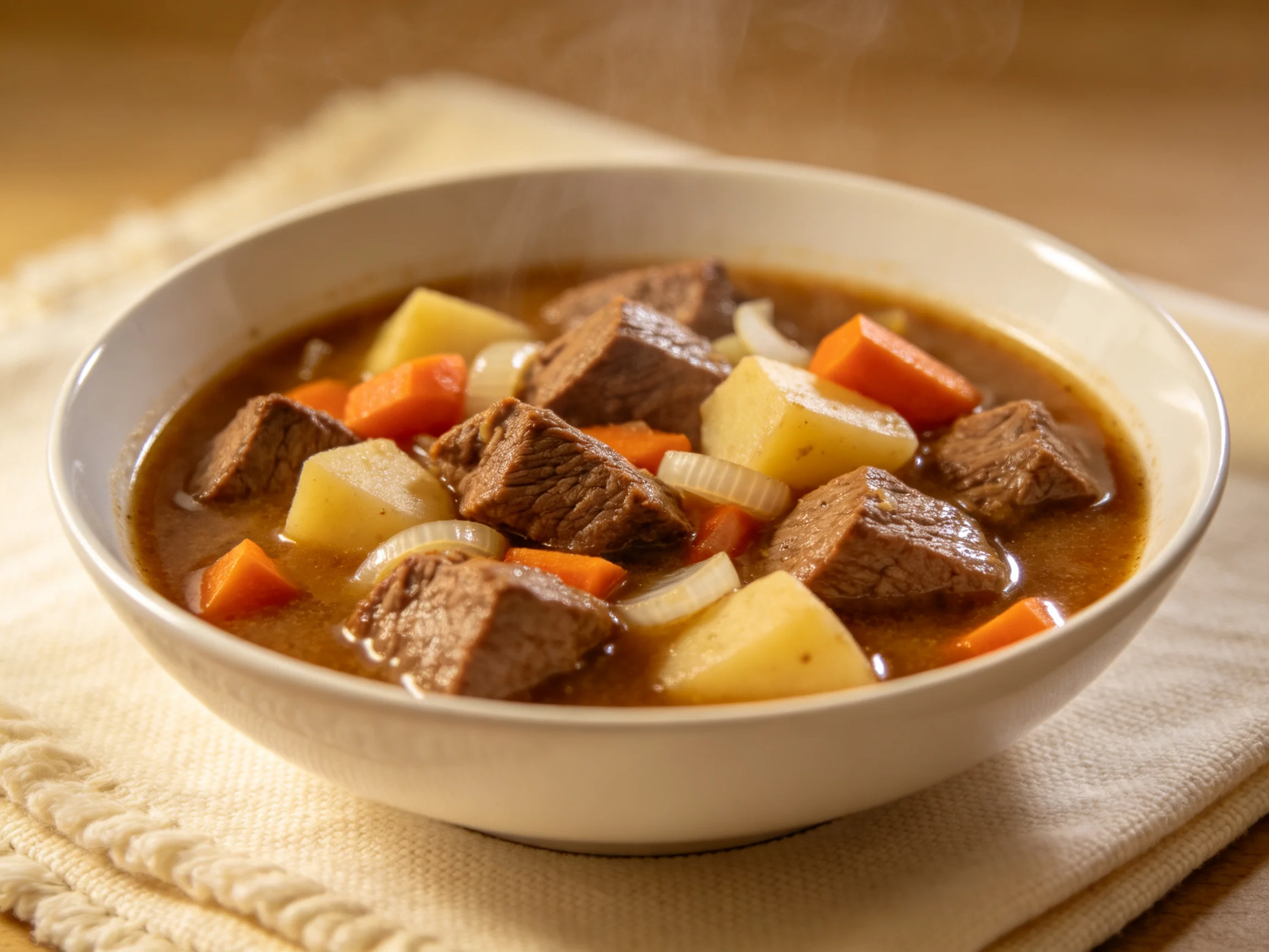 Hearty Beef Stew with Potatoes, Carrots, and Onions in Rich Brown Broth