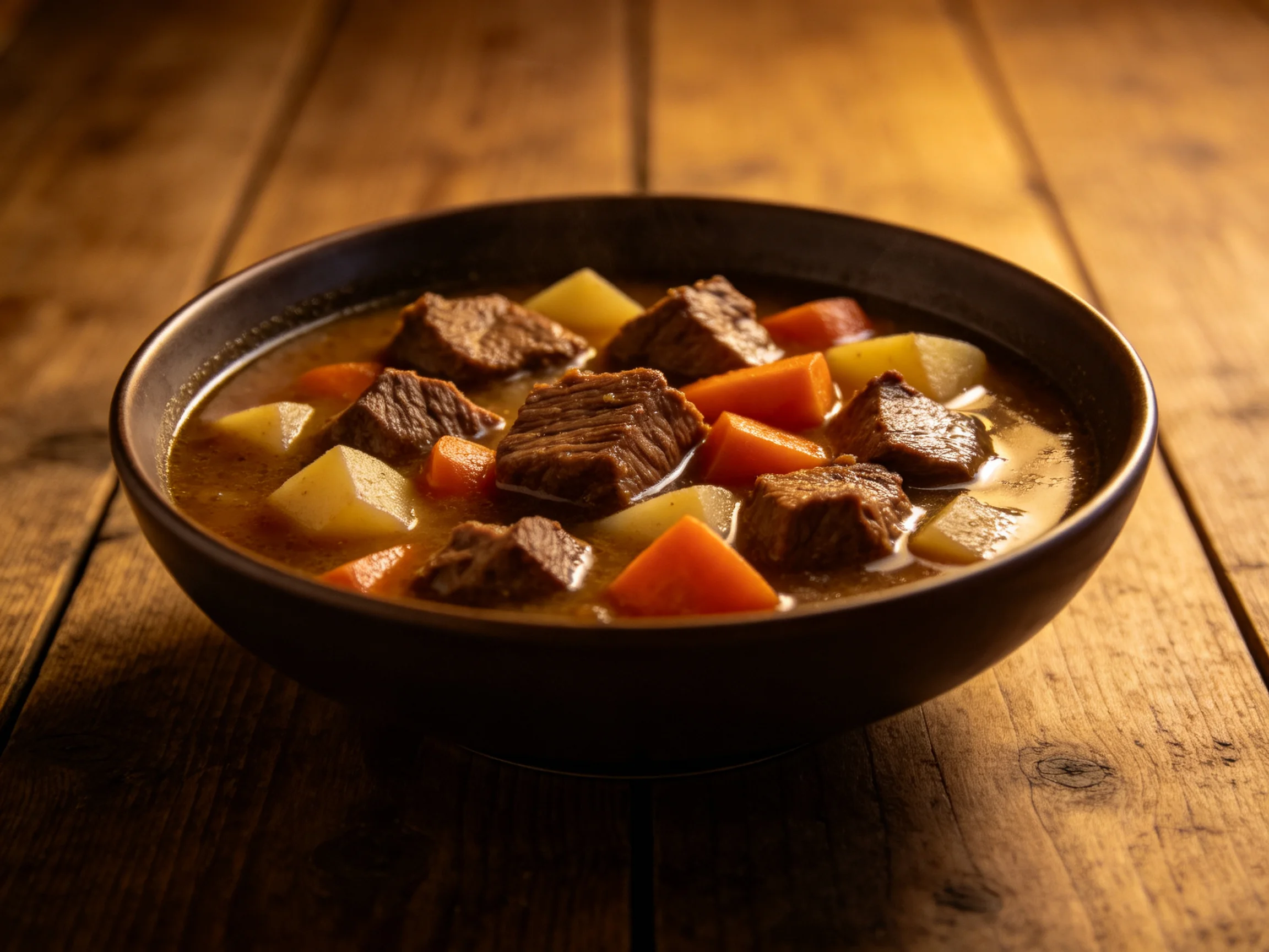 Hearty Beef Stew with Potatoes and Carrots in Rich Brown Broth