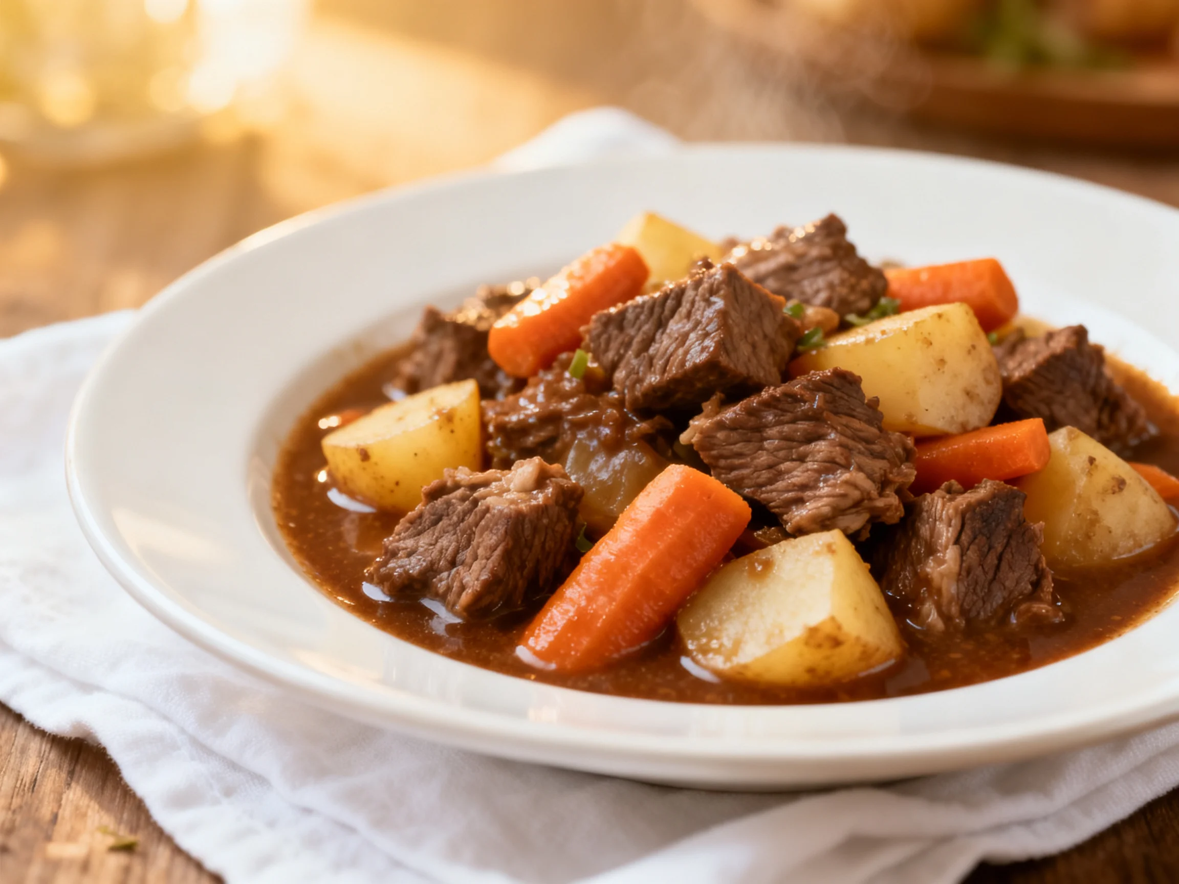 Hearty Beef Stew with Potatoes and Carrots in Rich Brown Broth