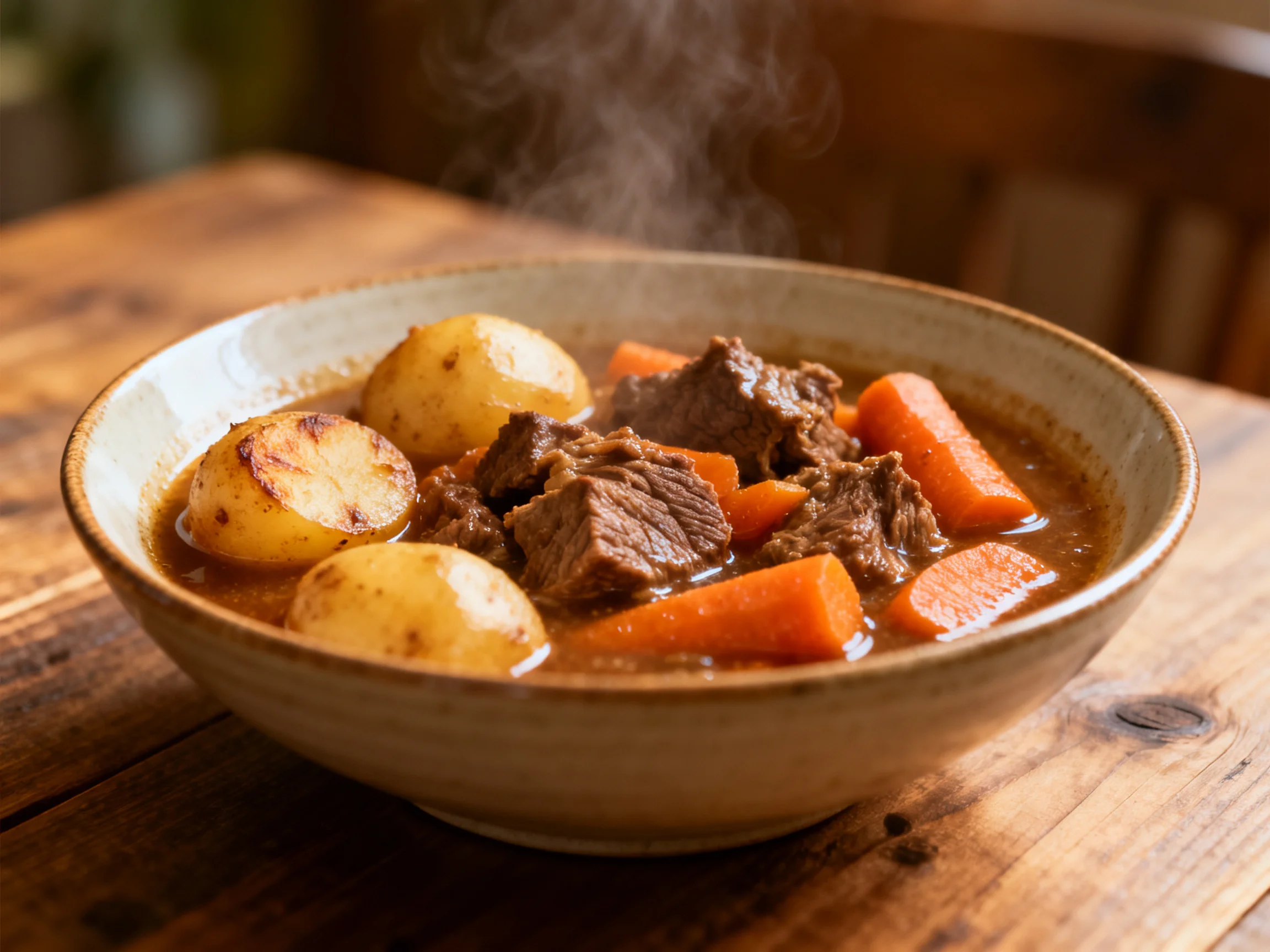 A steaming bowl of beef stew with potatoes and carrots sits on a wooden table.