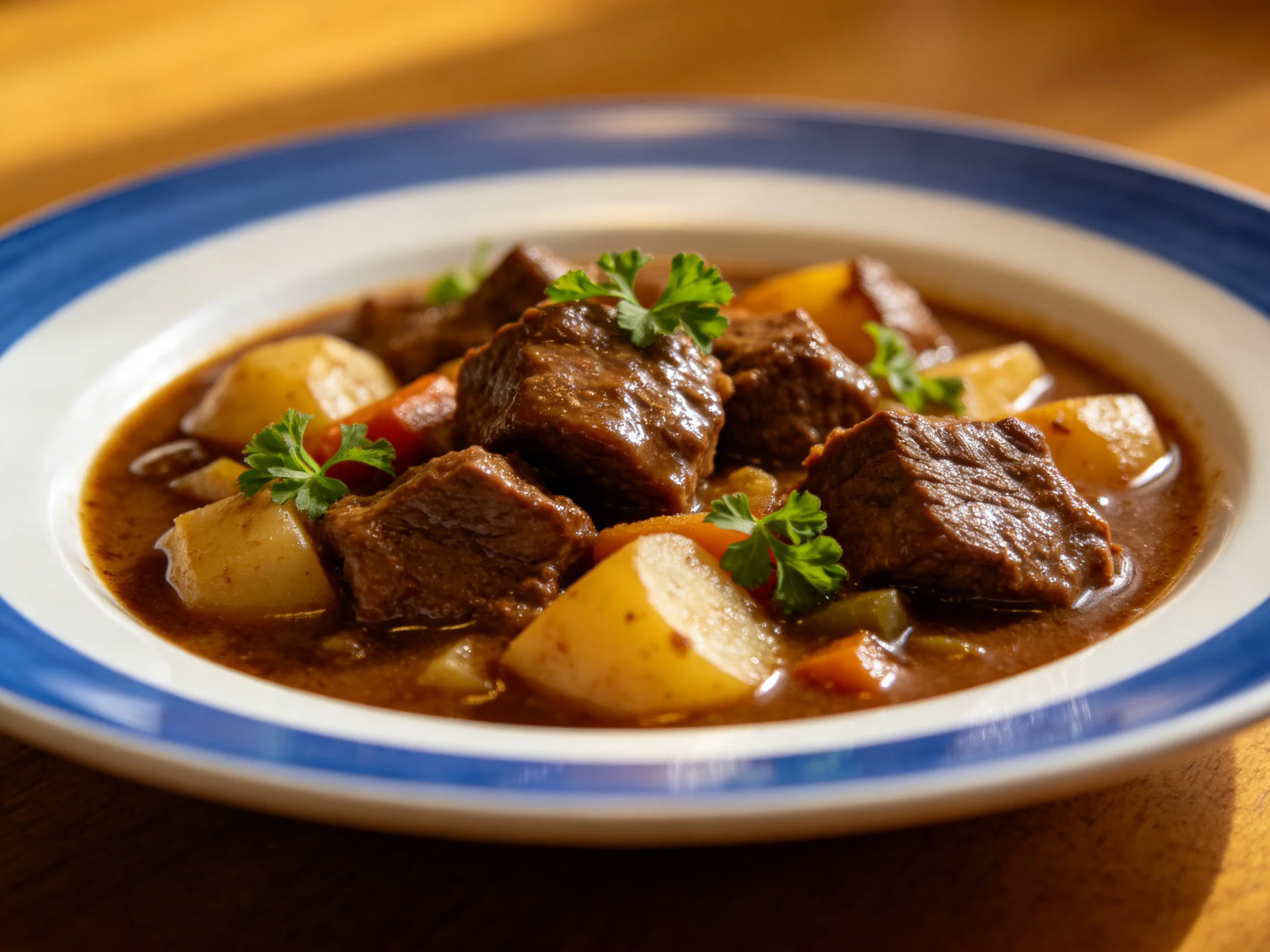 Beef stew with root vegetables served in a blue-rimmed bowl.