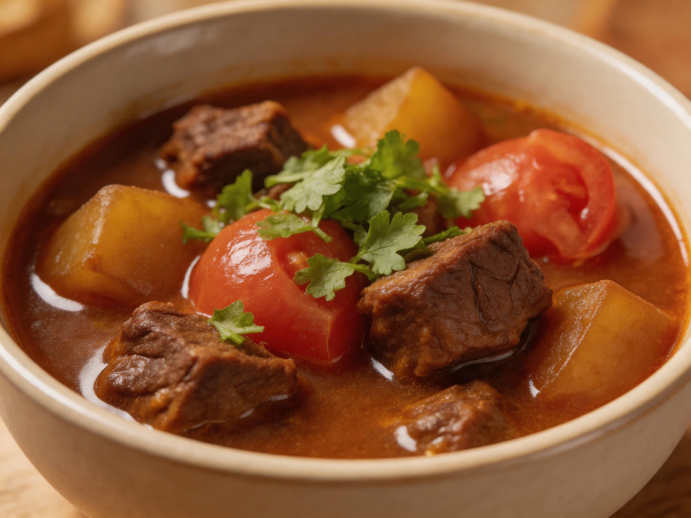 Hearty Beef Stew with Tomatoes, Potatoes, and Cilantro