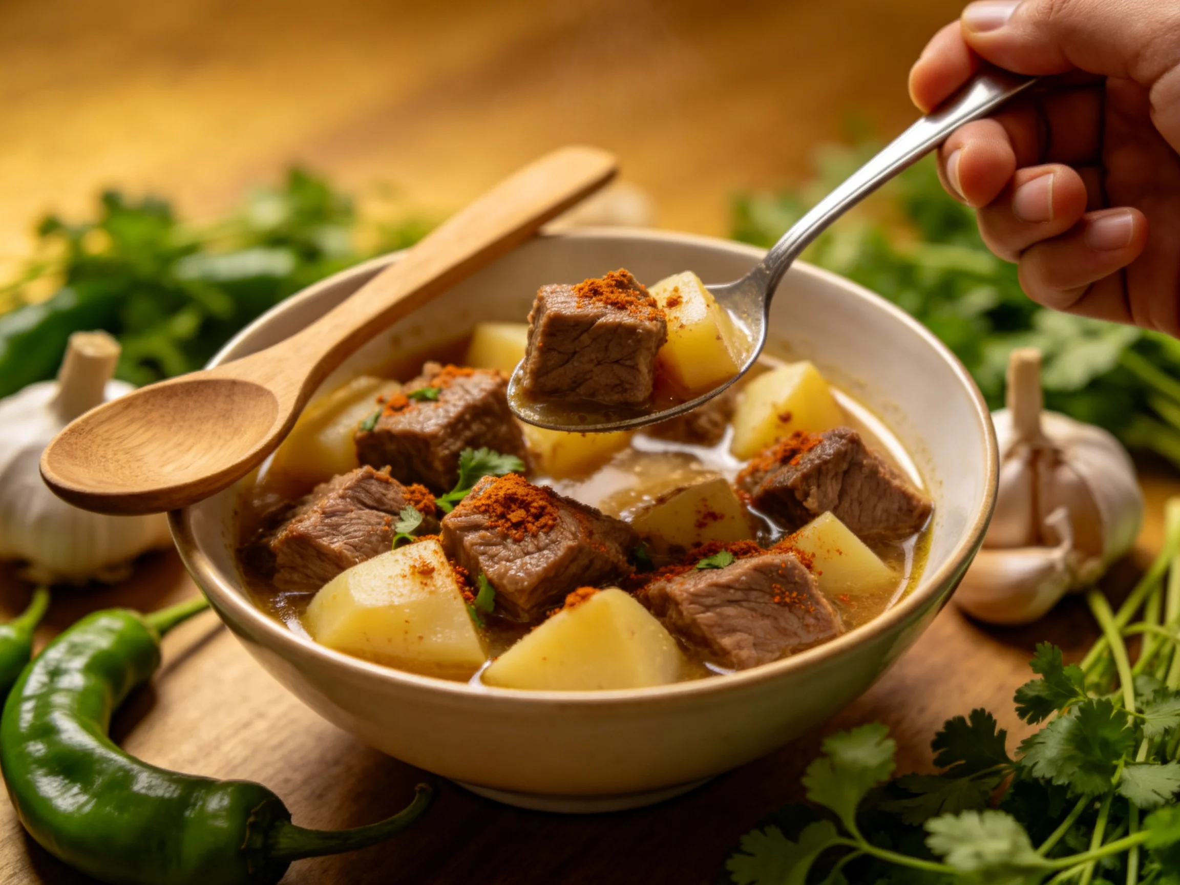 Hearty Beef and Potato Stew with Spices and Fresh Herbs