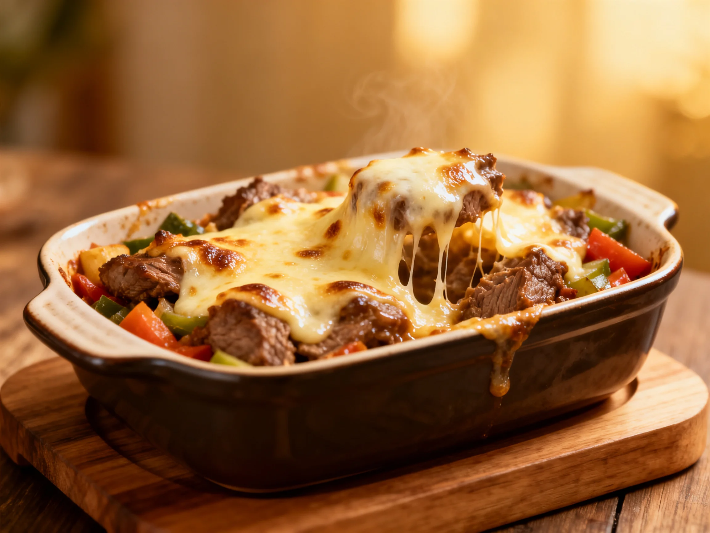 Hearty Beef and Vegetable Bake with Melted Cheese in Ceramic Dish