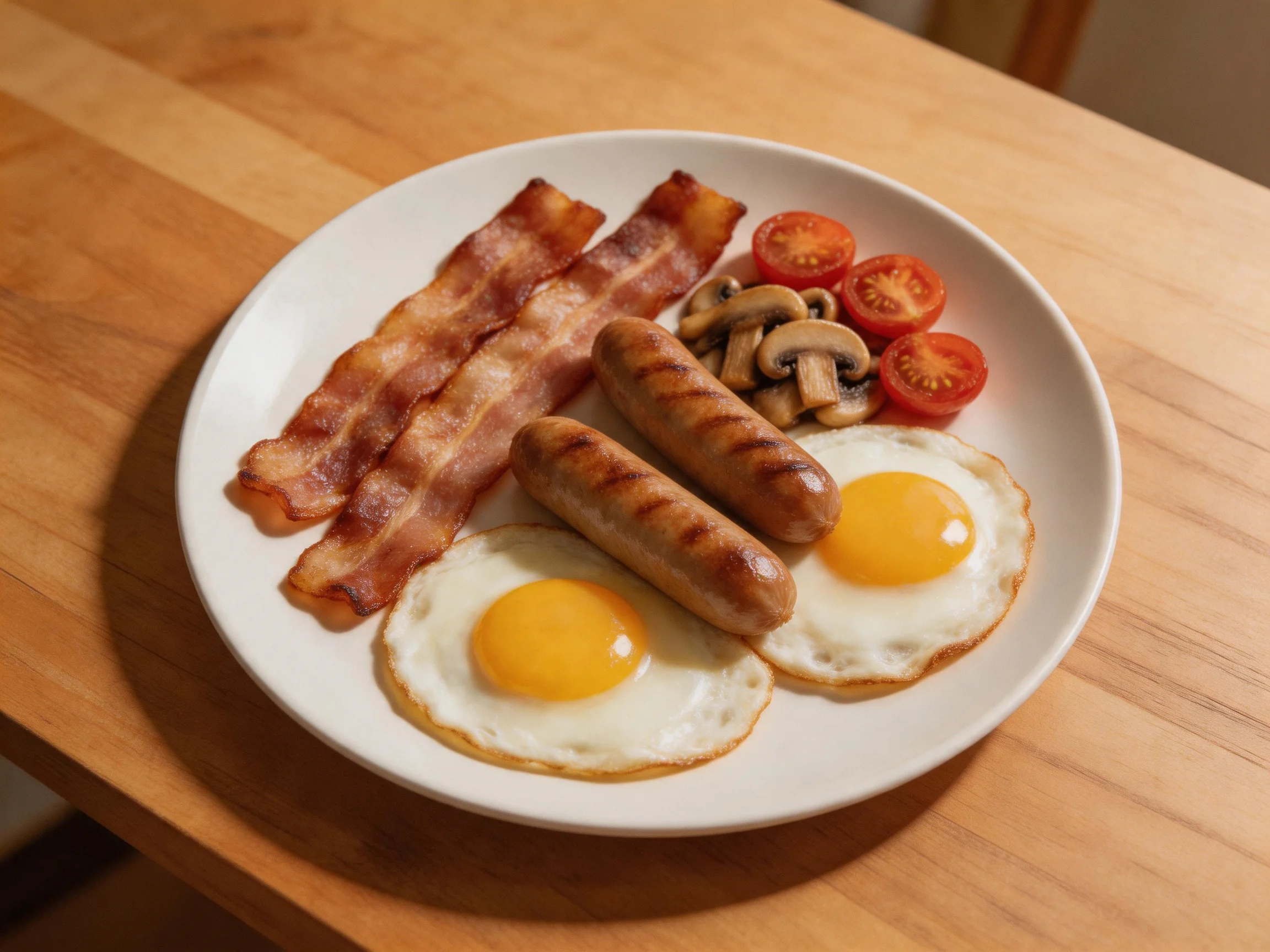 Hearty Breakfast Plate with Crispy Bacon, Sunny-Side Eggs, Grilled Sausages, Cherry Tomatoes, and Mus