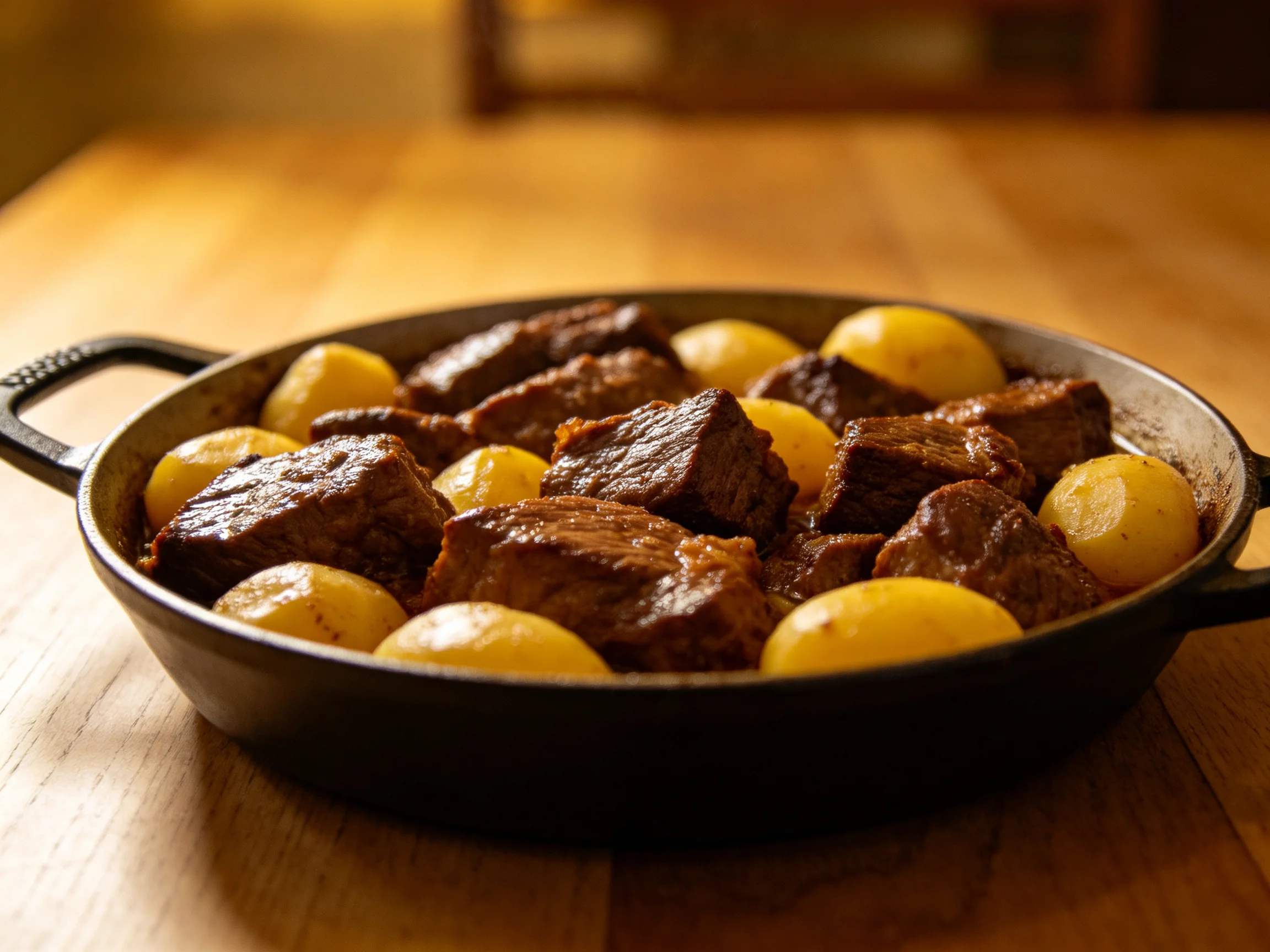 Hearty beef and potato stew in a cast iron skillet