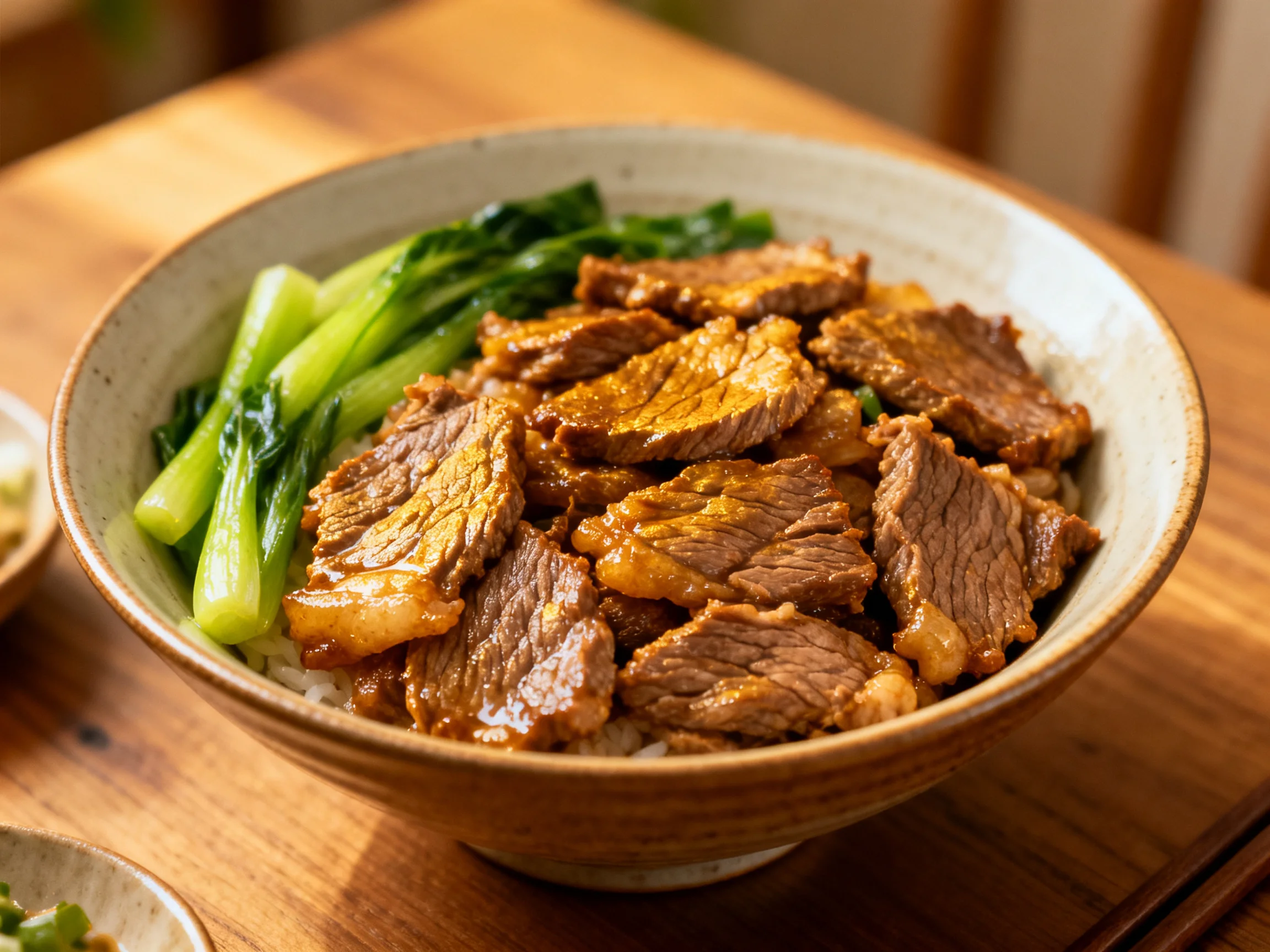 Hearty beef dish with greens in a bowl