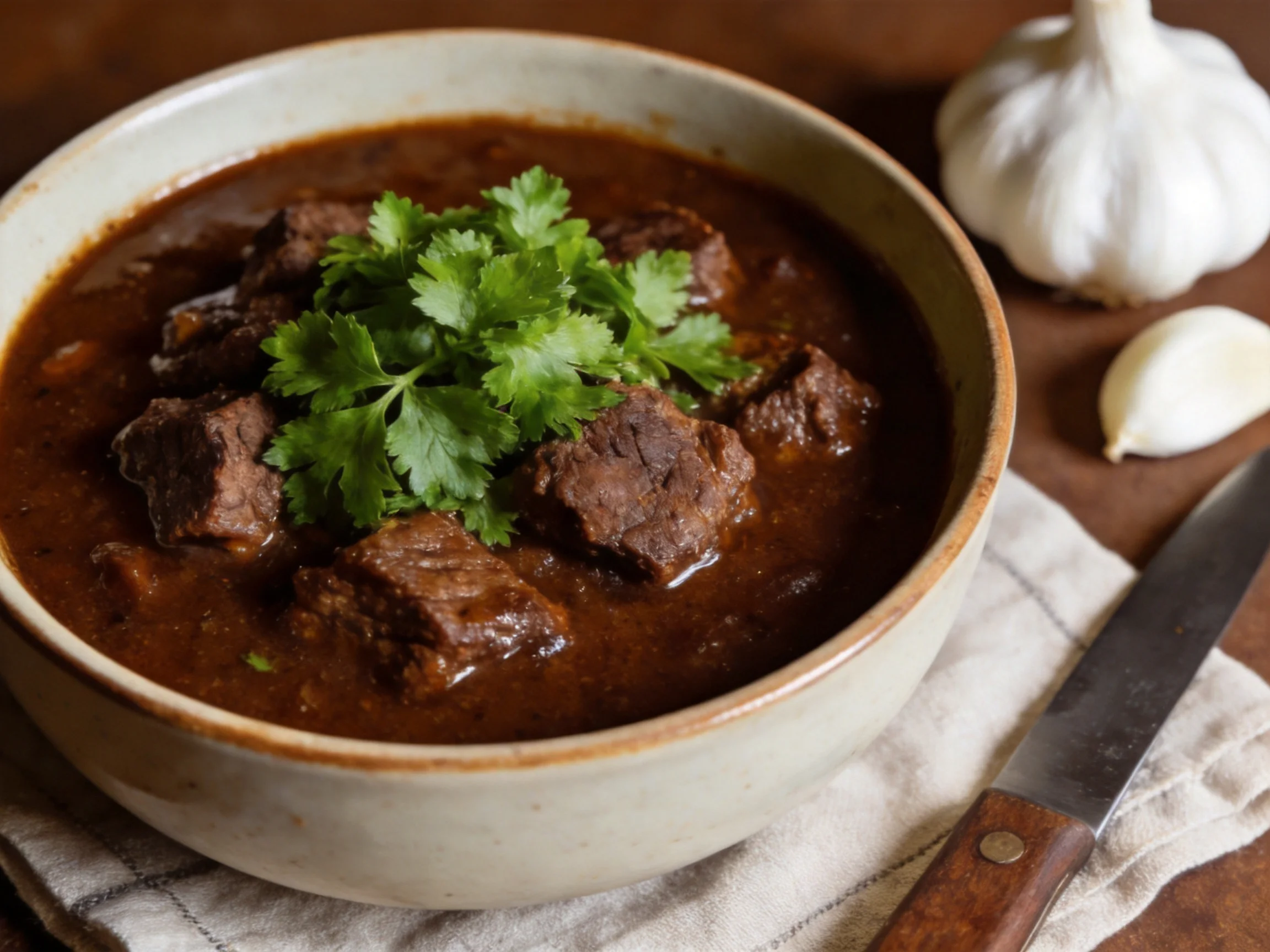 Hearty beef stew in a ceramic bowl topped with fresh cilantro