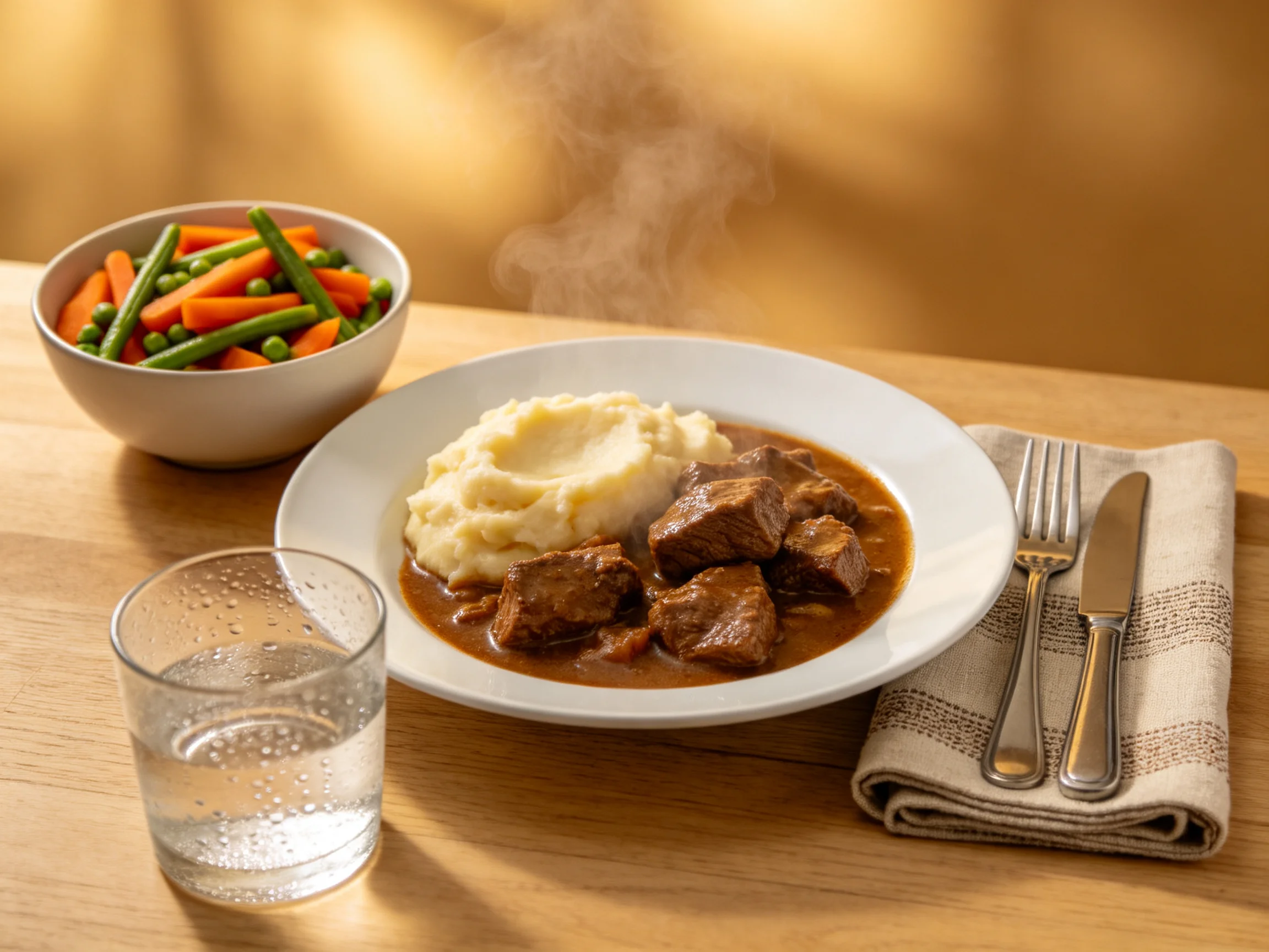 Hearty beef stew, mashed potatoes, and mixed vegetables served