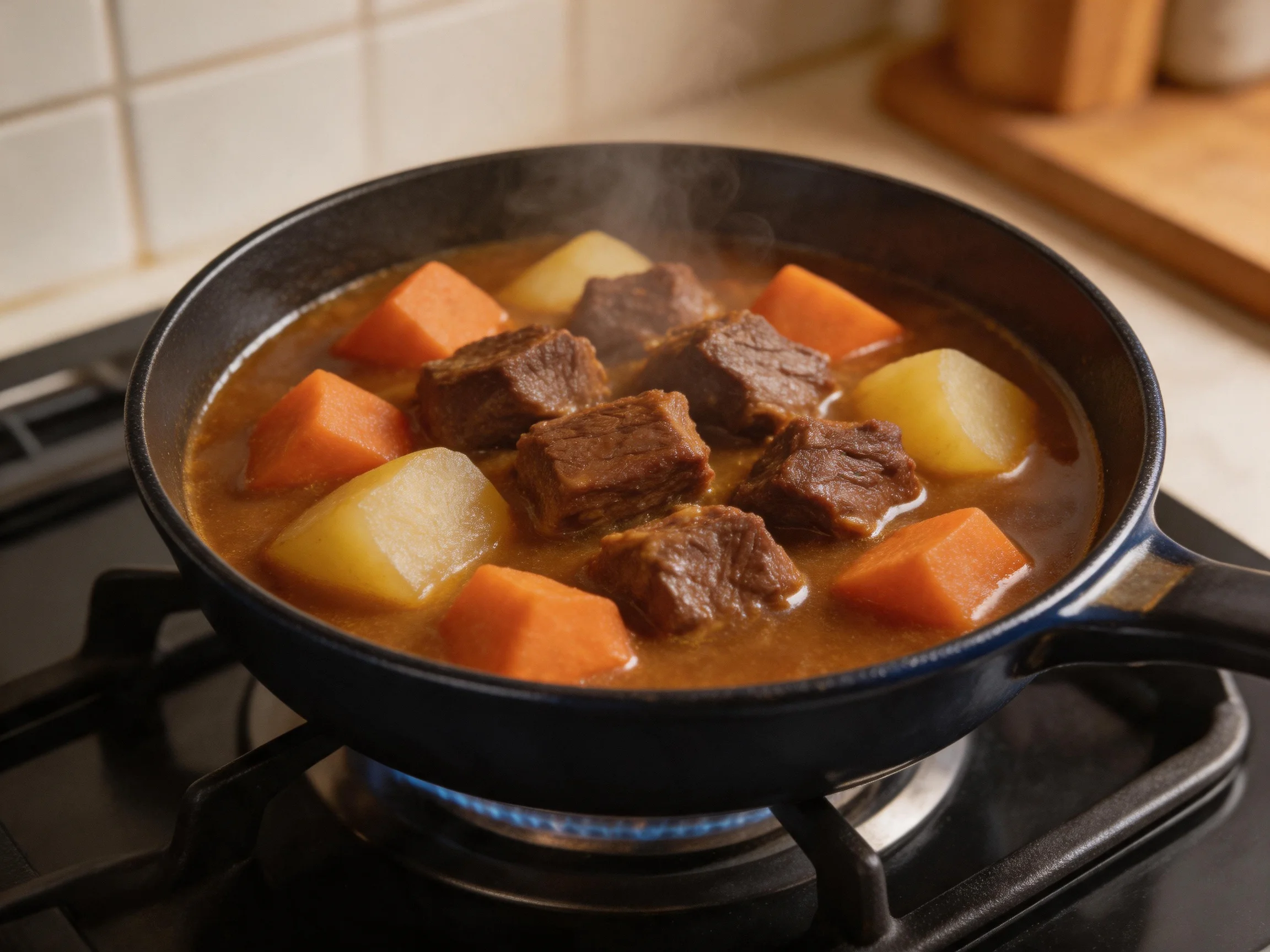 Hearty beef stew with browned cubes, orange sweet potatoes, and yellow potatoes