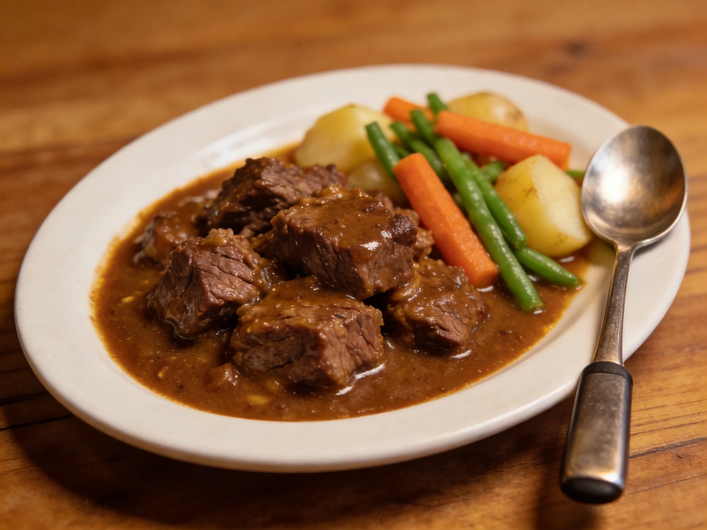Hearty beef stew with carrots, green beans, and potatoes on a white plate
