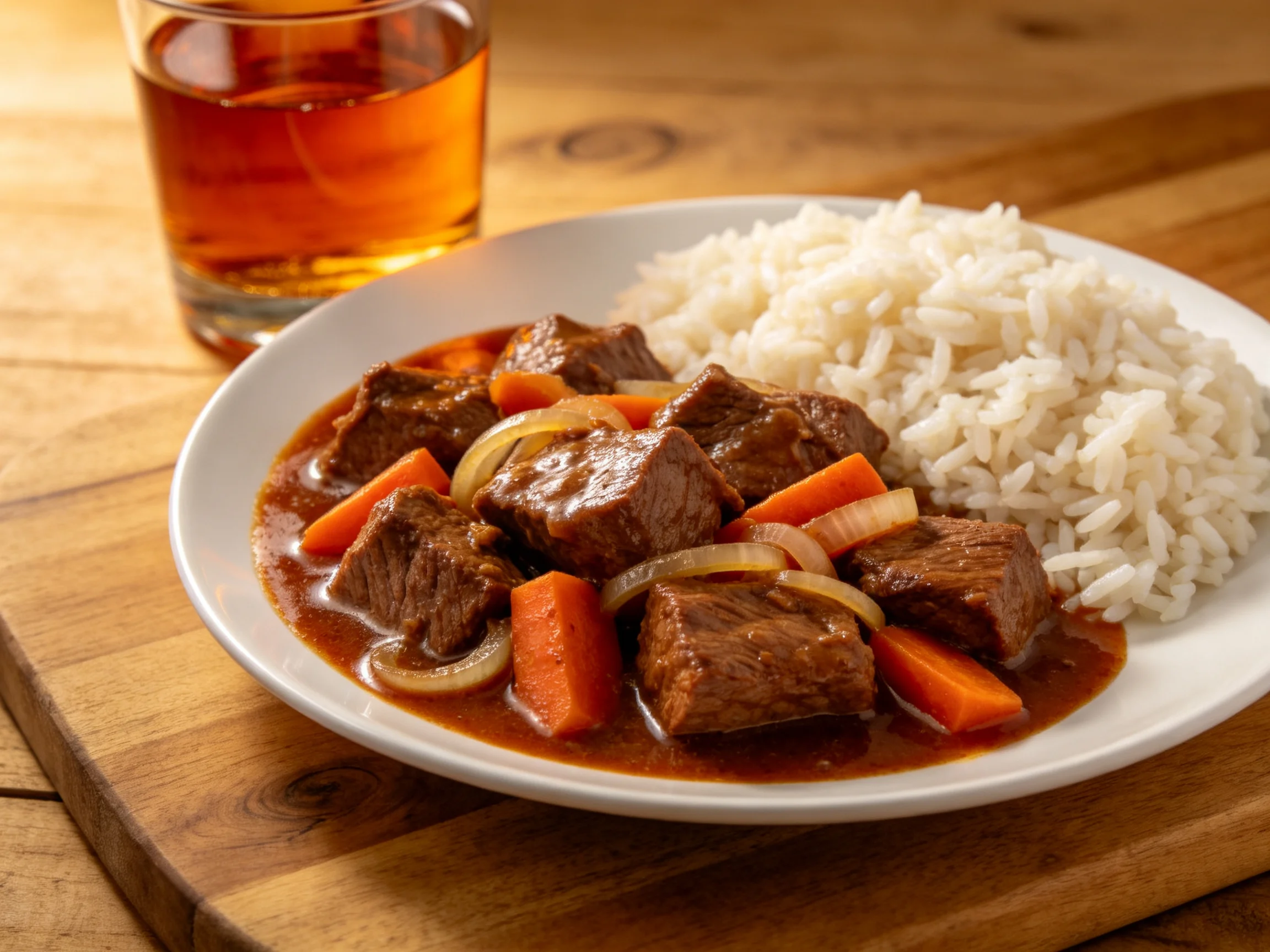 Hearty beef stew with carrots, onions, and white rice beside an amber drink