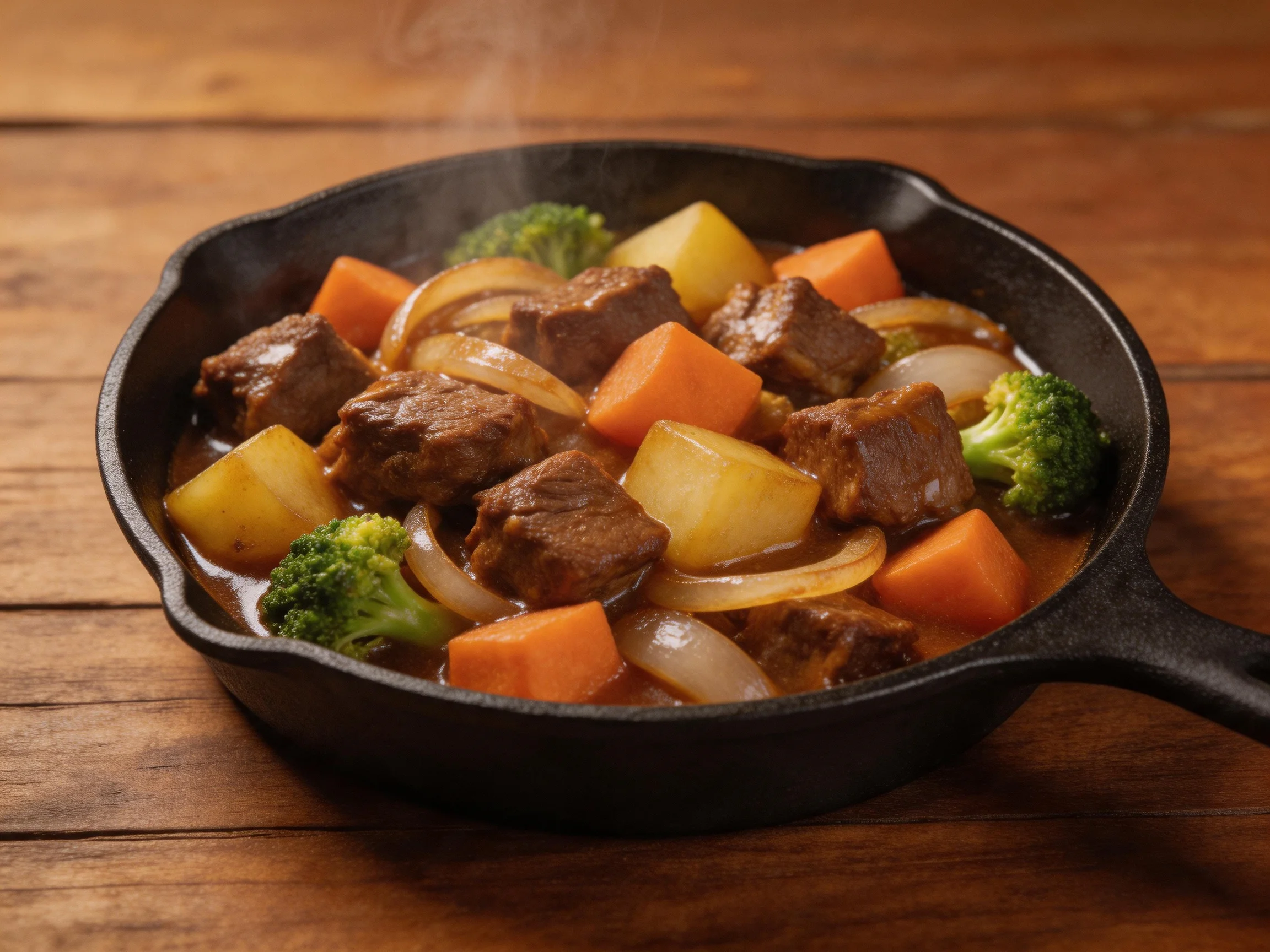 Hearty beef stew with carrots, potatoes, and broccoli in a cast iron skillet
