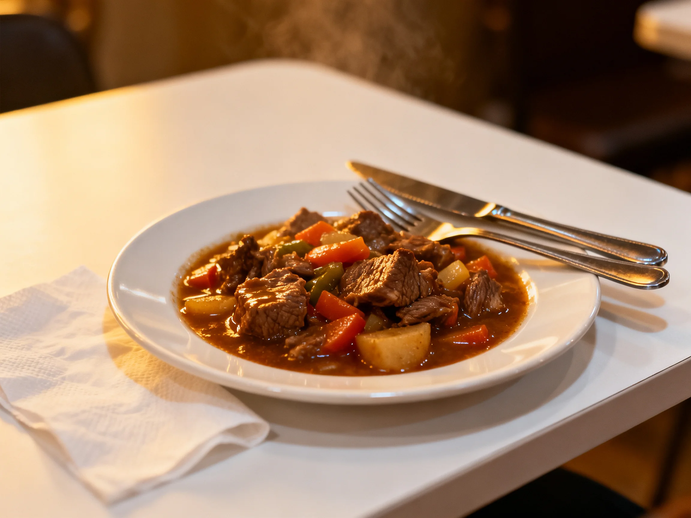 Hearty beef stew with mixed vegetables on a white plate