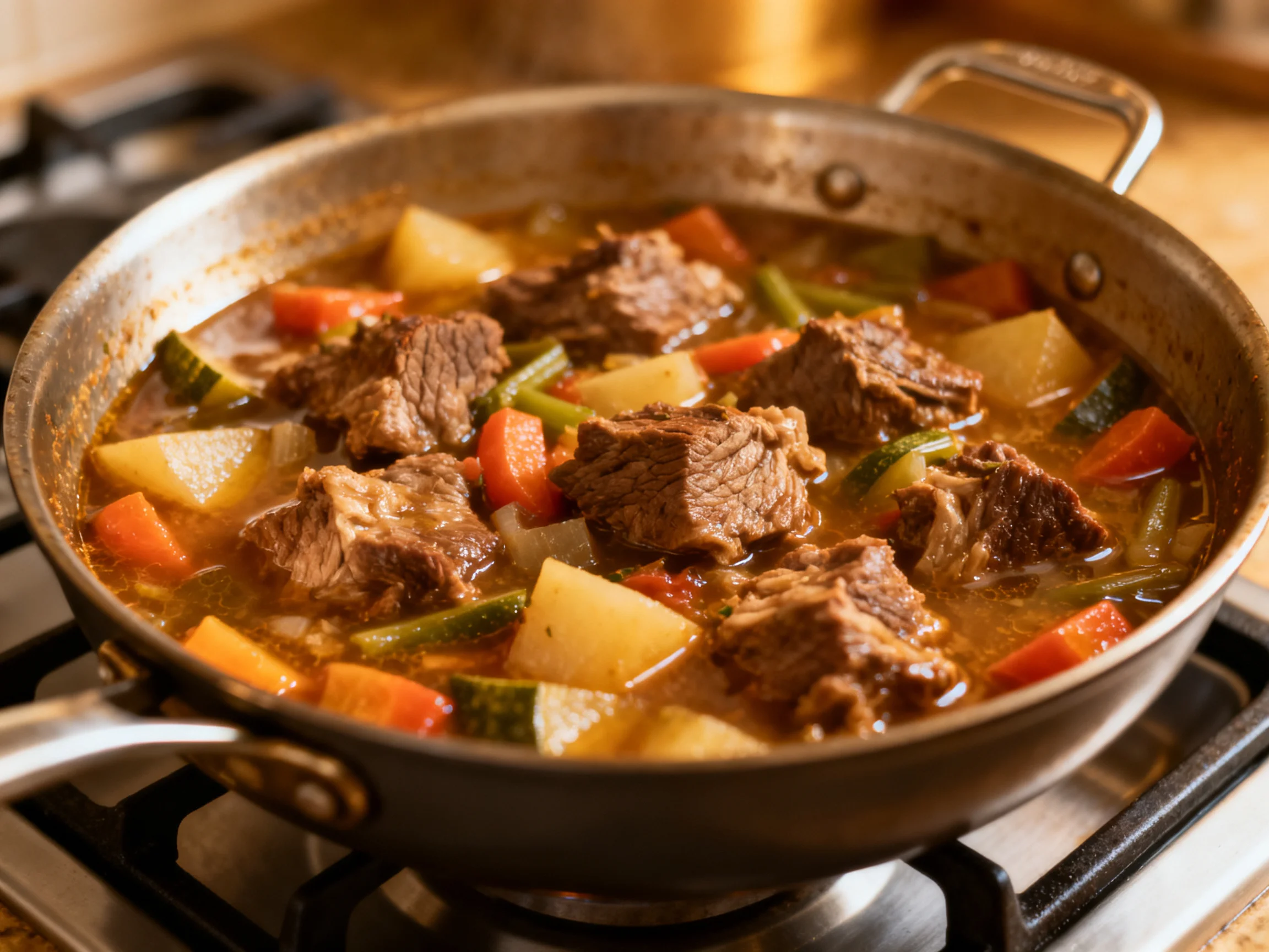 Hearty beef stew with mixed vegetables simmering in a metal pan